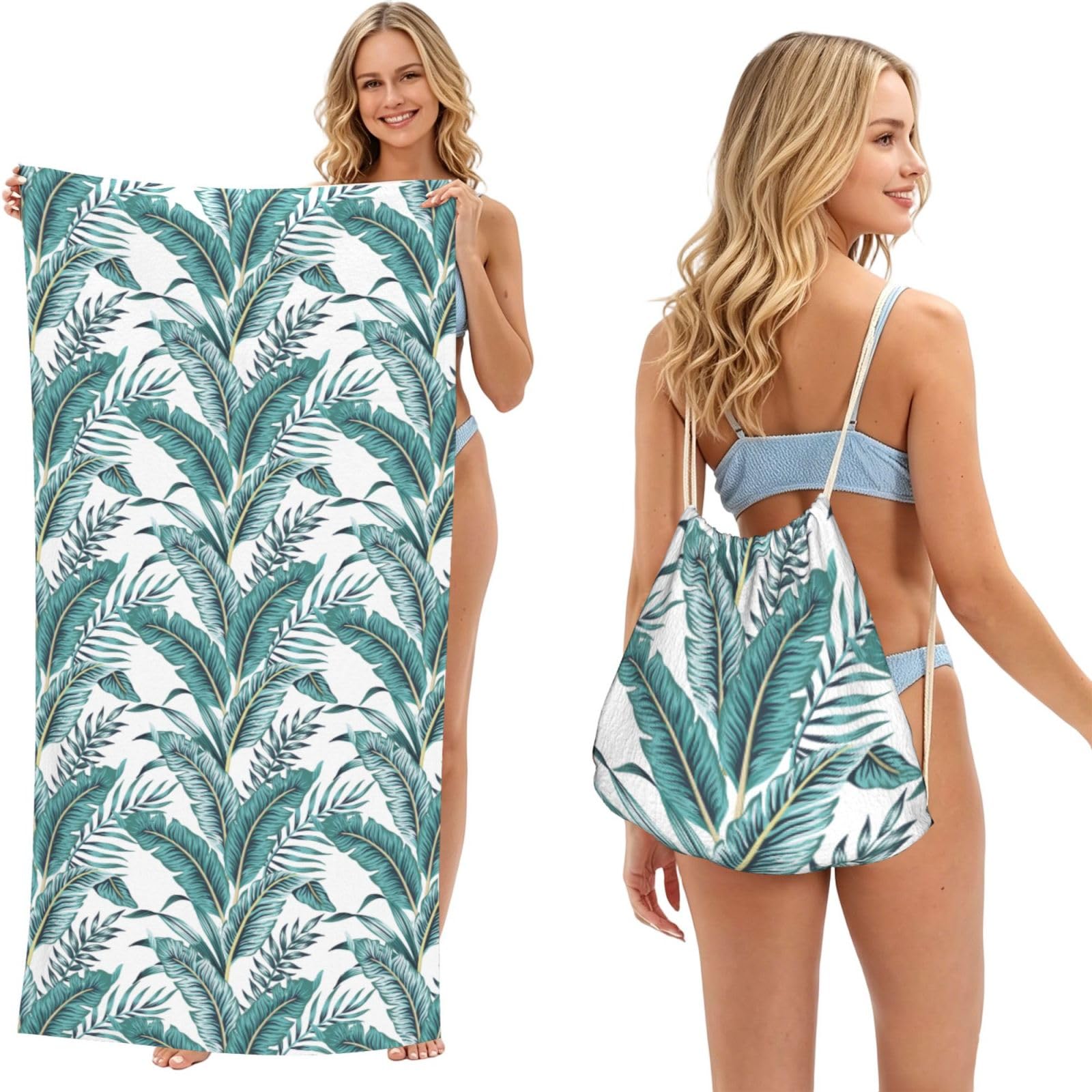 Poadnly As Picture Tropical Banana Green Leaf Tropical, 2 In 1 Packable Towel Bag, Beach Towels With Drawstring Backpack For Travel Holiday Camping