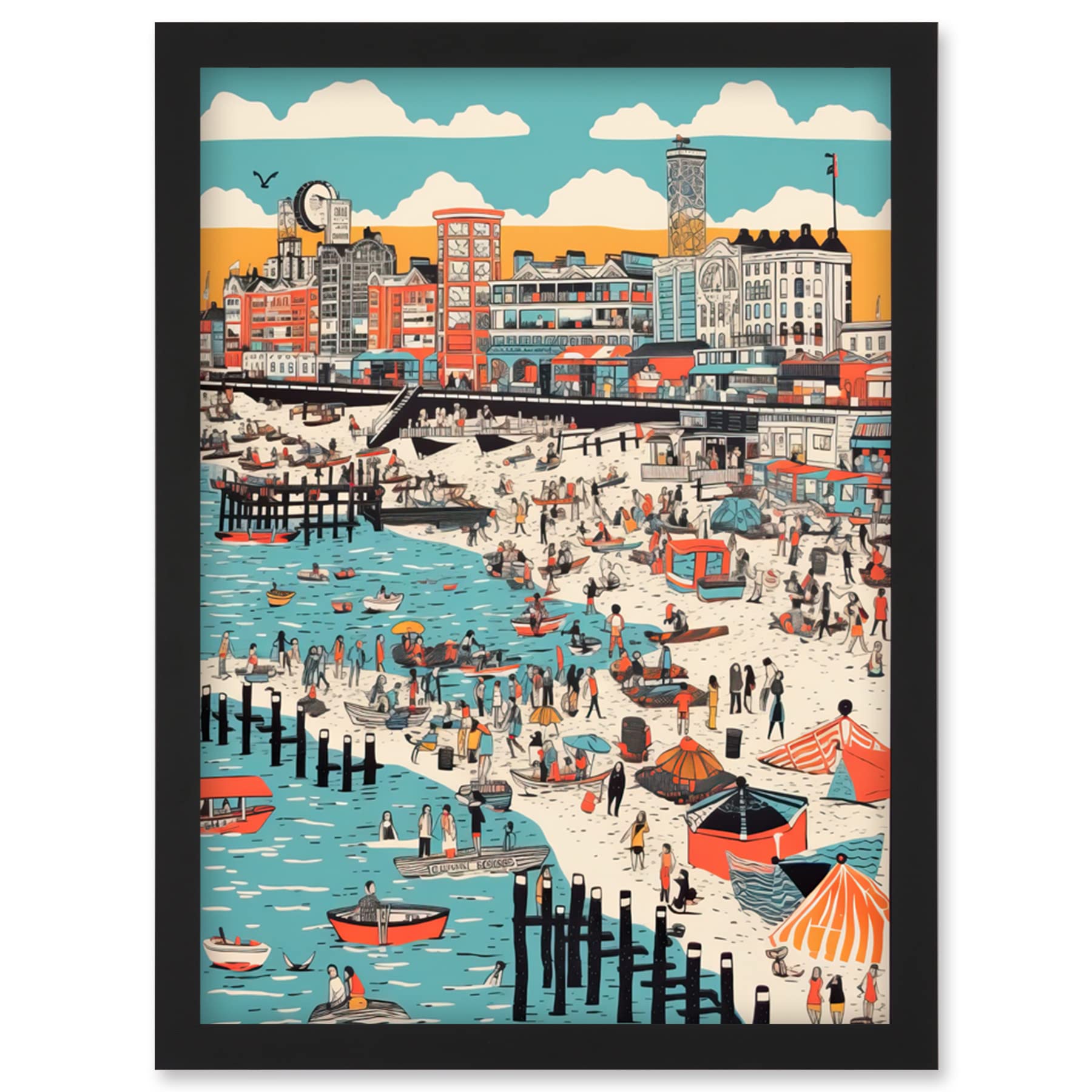Artery8 Brighton Beach Warm Summer Day Colourful Scene Artwork Framed Wall Art Print A4