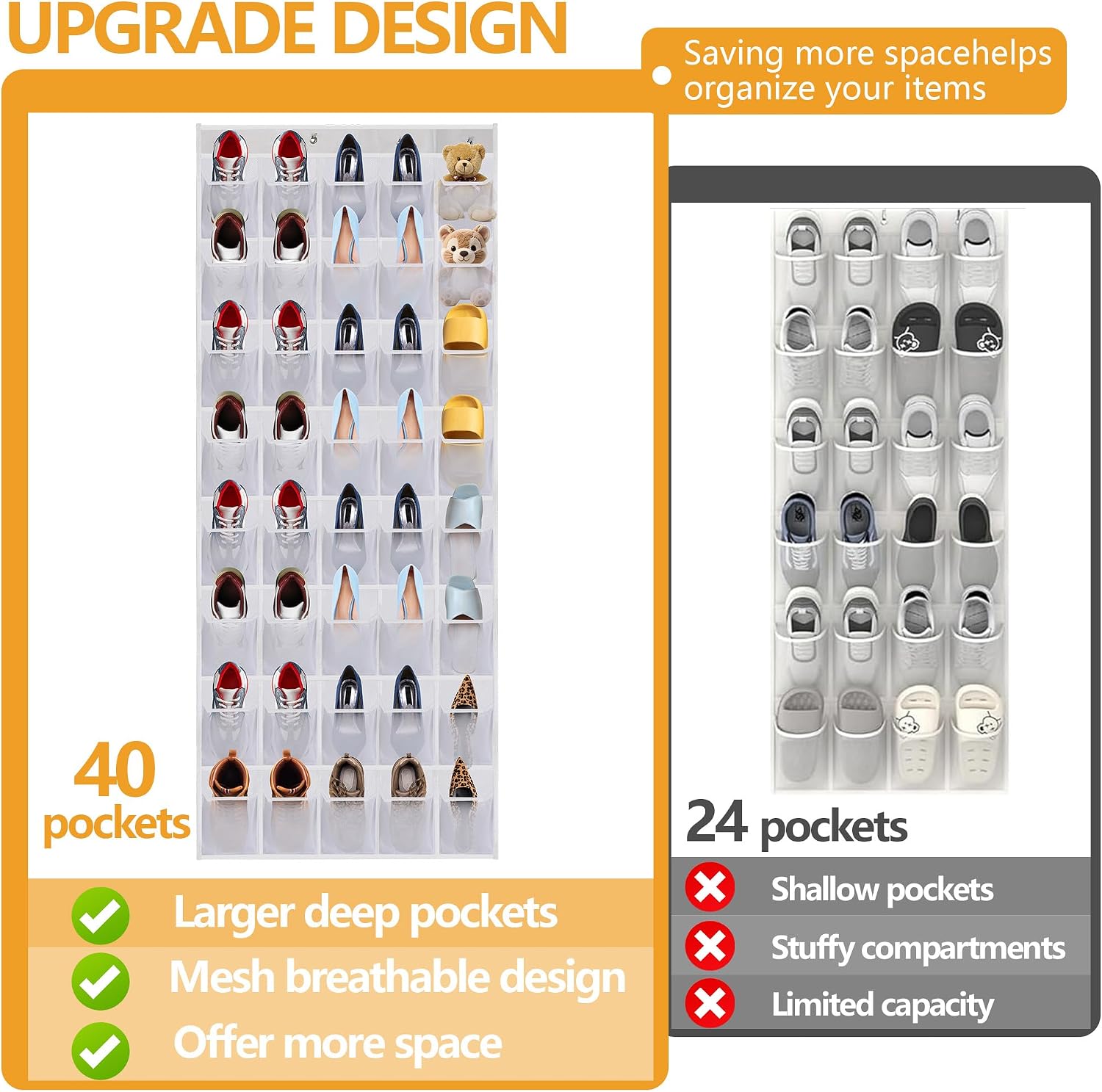 Over the Door Shoe Organizer, 40 Large Mesh Pockets Hanging Shoe Rack Organizer for Closet Behind The Door Storage Holder for Entryway Bedroom Dorm White image 3