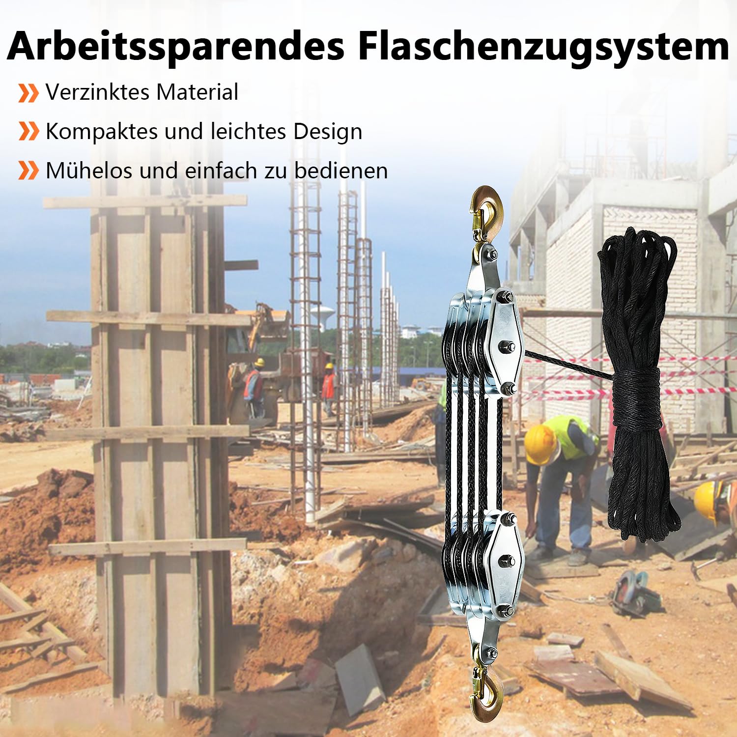 Hochleistungs-Flaschenzug mit einer maximalen Tragkraft von 2000 kg. Manueller Flaschenzug mit einem Übersetzungsverhältnis von 8:1, ausgestattet mit einem 20 Meter langen Nylonseil