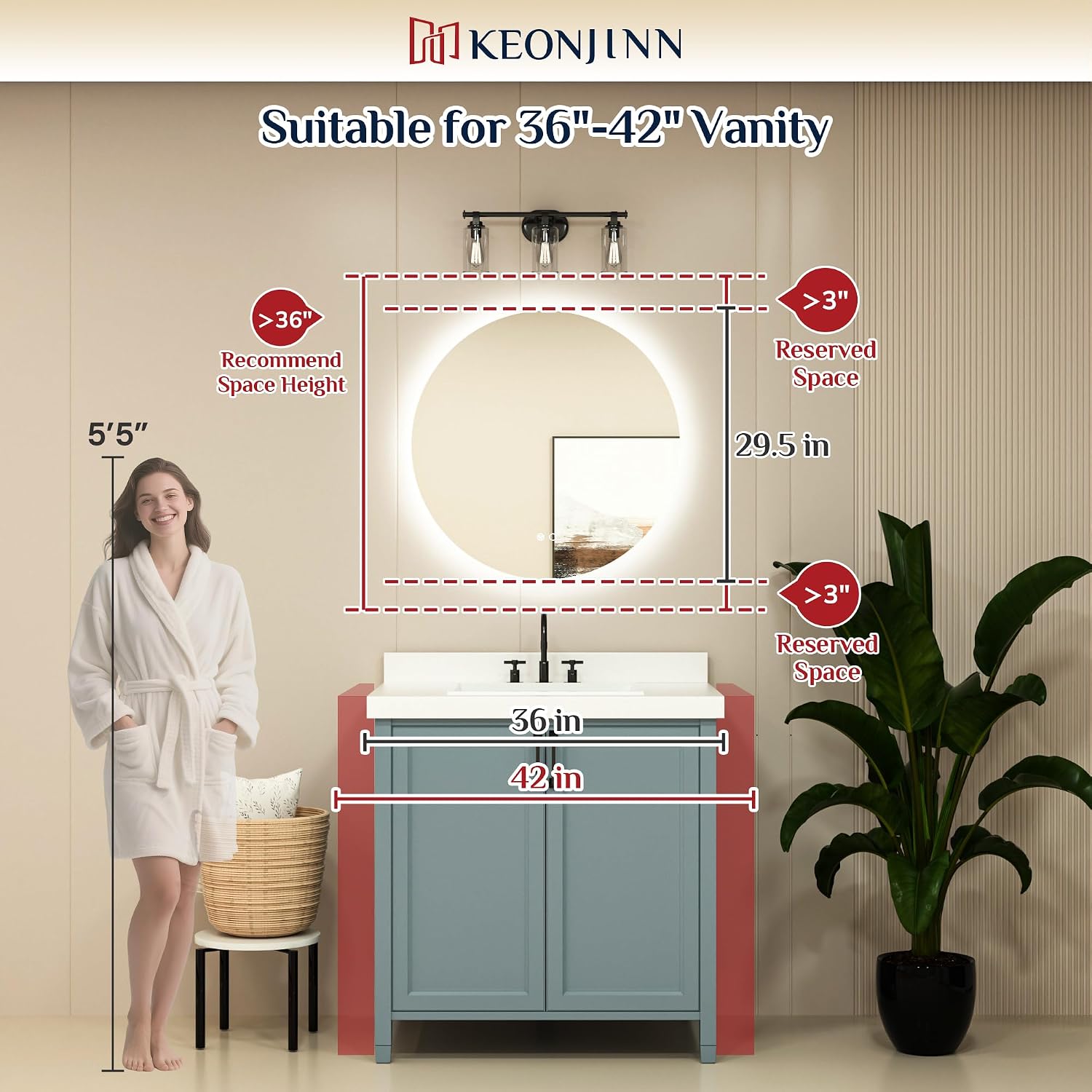 Keonjinn 30 Inch Round Backlit Mirror Bathroom, Safer HD Tempered Glass image 2