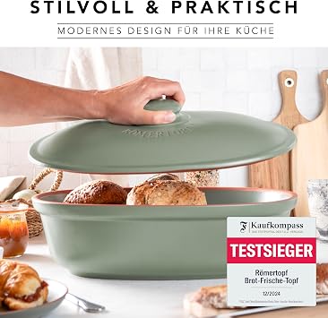 Romertopf Maxi Oval Bread Pot 6.5 Litres Green Ceramic Bread Bin Breathable Clay Pot for Long-Lasting Freshness of Bread and Rolls