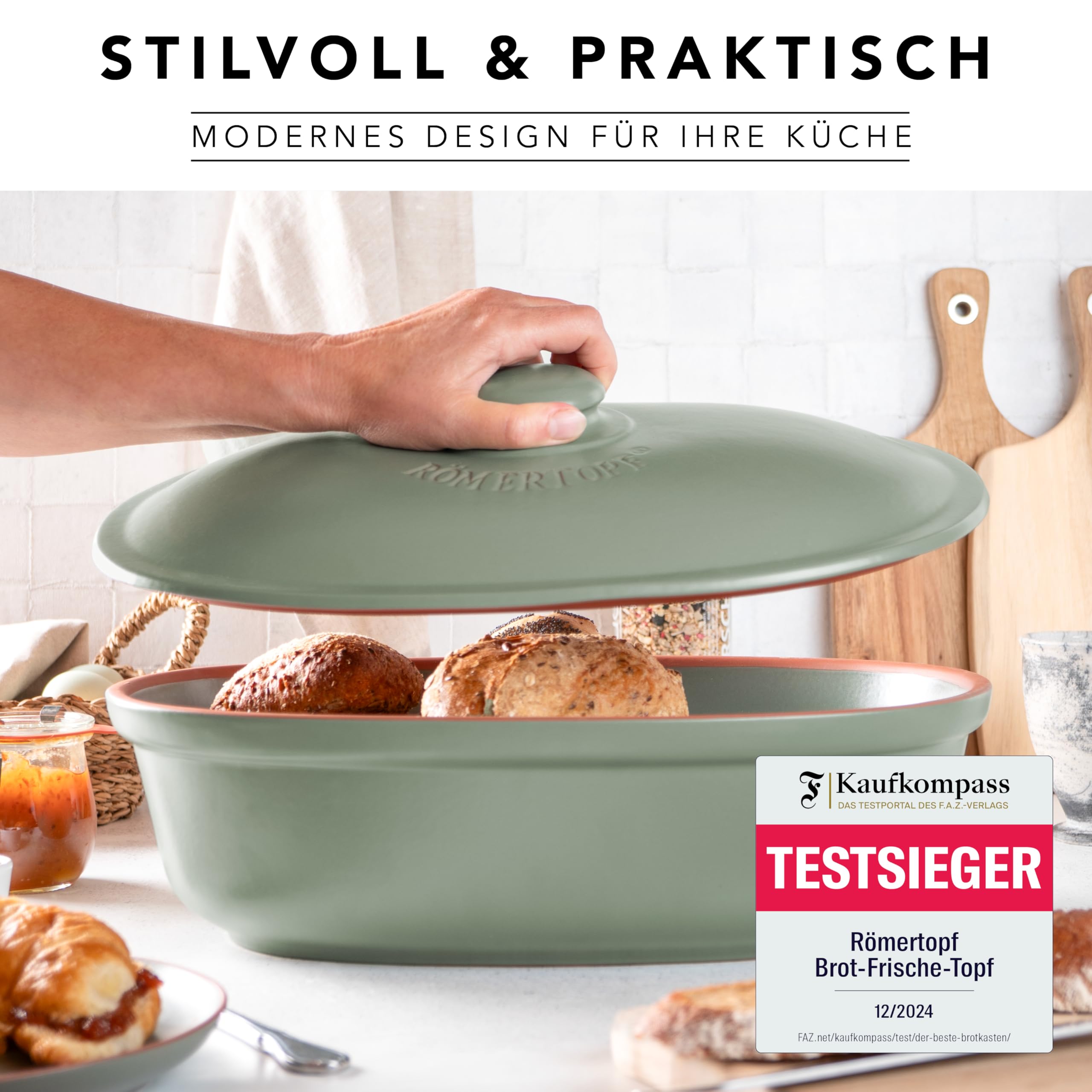 Römertopf Brottopf oval MAXI 6,5 Liter - Brotkasten Grün aus Keramik - Atmungsaktiver Tontopf für langanhaltende Frische von Brot und Brötchen