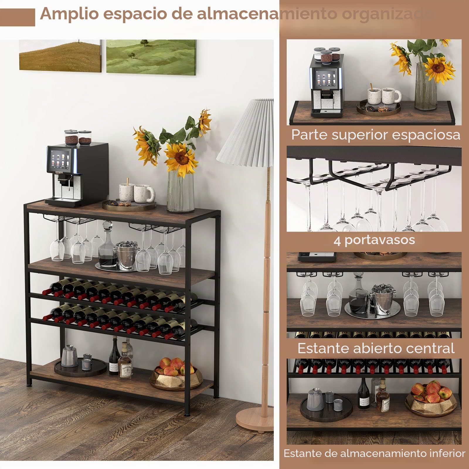 GIANTEX Mesa con Botellero de 5 Niveles, Mueble de Bar Independiente con 2 Botelleros & 4 Filas de Portavasos, Mueble de Vino de Suelo para Cocina, Comedor, Marrón