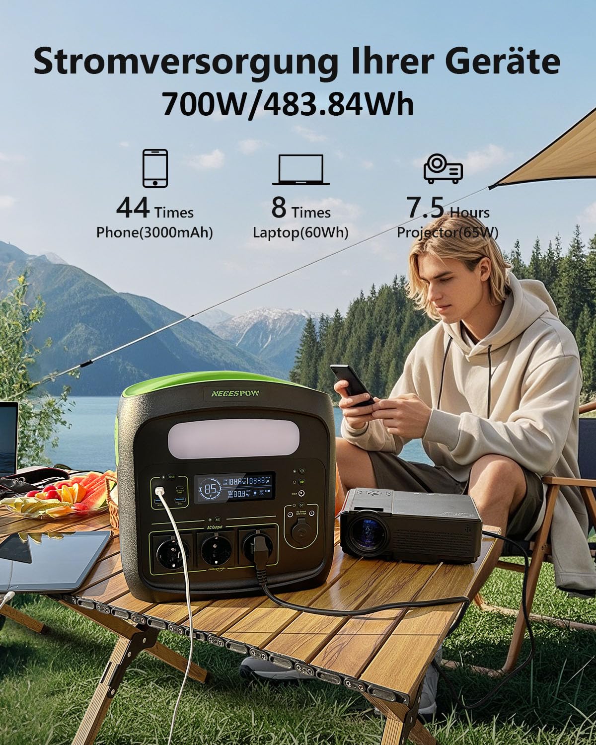Tragbare Powerstation N7576 700W 483.84Wh AC Steckdosen x 3, Powerstation LiFePO4 Akku Reine Sinuswelle, USB-C PD100W Ausgang, Solargenerator für Camping Hause CPAP