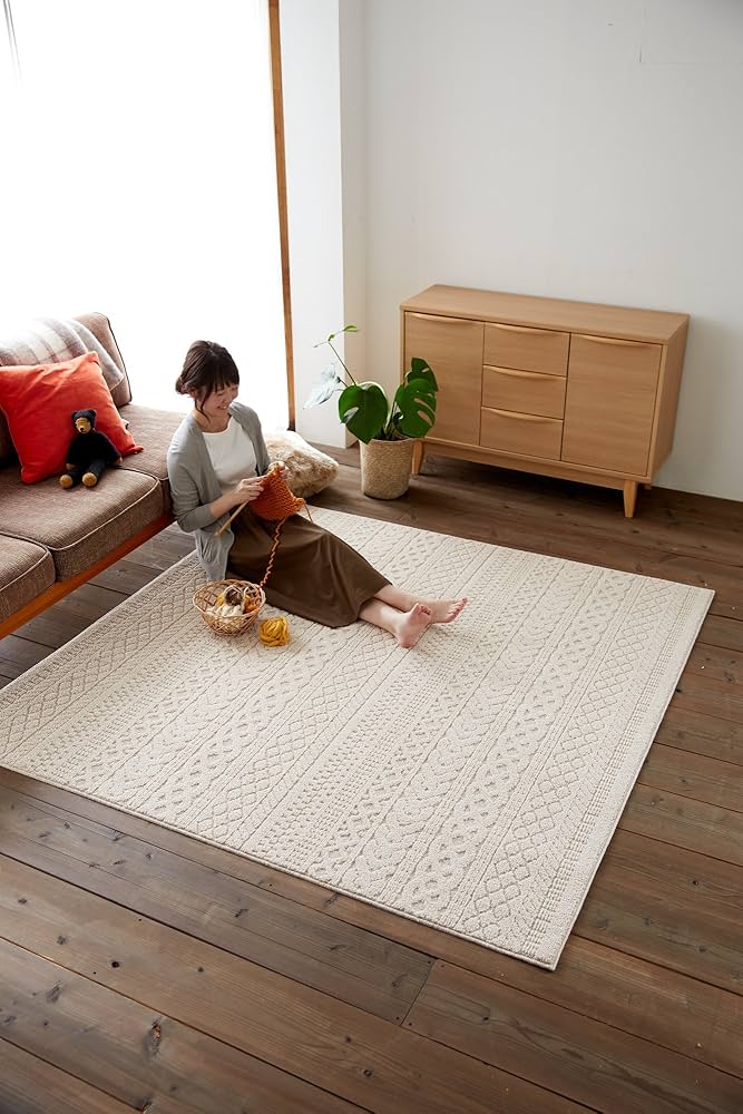 【美品】ラグ　デザインラグ　ケーブル編み　約3畳　北欧　ブラウン 美品】ラグ デザインラグ ケーブル編み 約3畳 北欧 ブラウン