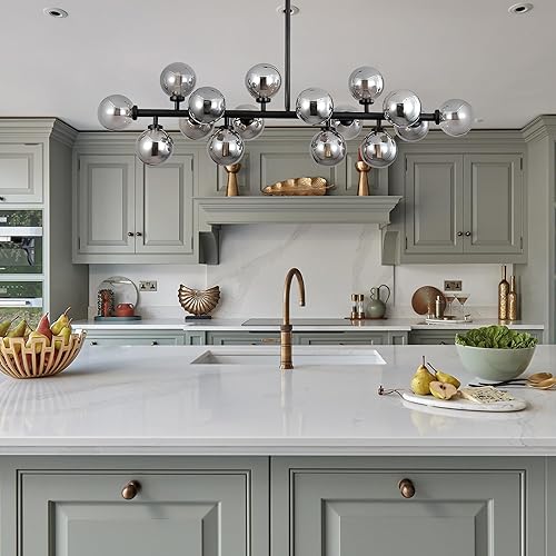 Miniatura 8 de Lámpara de araña moderna Sputnik Earth de cristal, accesorio negro de estilo de mediados de siglo de 39 pulgadas, lámpara de techo semiempotrada,