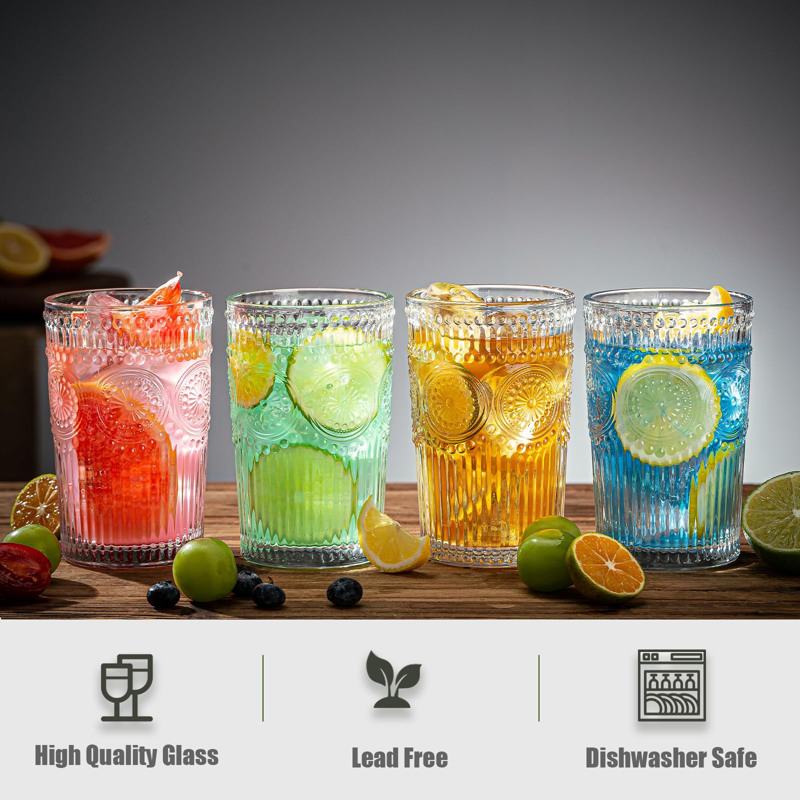 Juego de 8 vasos de cristal vintage de 13.5 onzas, duraderos para cócteles, agua, jugo, cerveza, vino, edición especial, vajilla, apto para lavavajillas