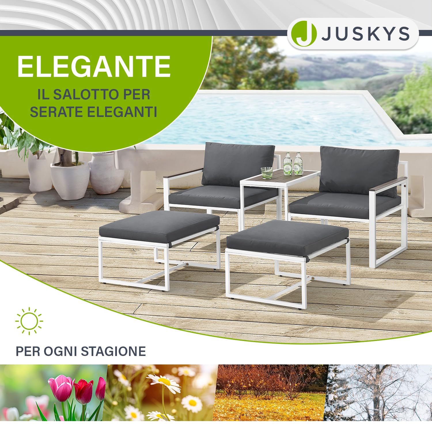 Juskys set di mobili da giardino Bari da 5 pezzi - Set lounge con tavolino e cuscini - Salottino da giardino, terrazzo, aree esterne - Grigio