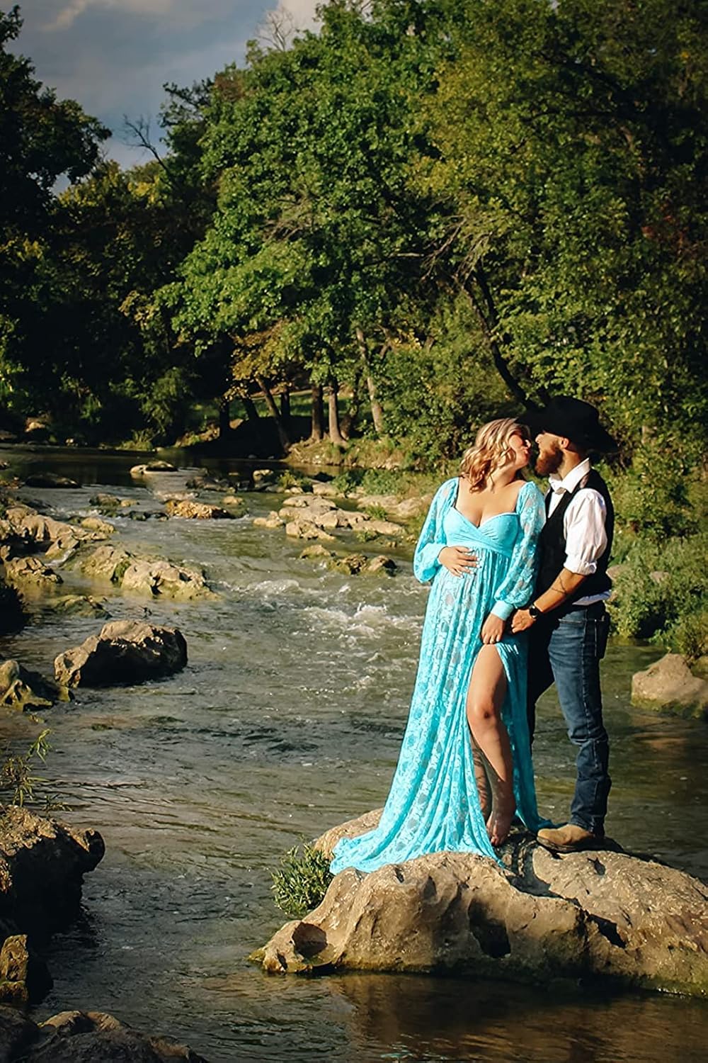 Saslax Soft Stretchy Lace Off Shoulder Doubly Split A-line Skirt Maternity Dress Pregnancy Maxi Gown for Photoshoot - Image 7