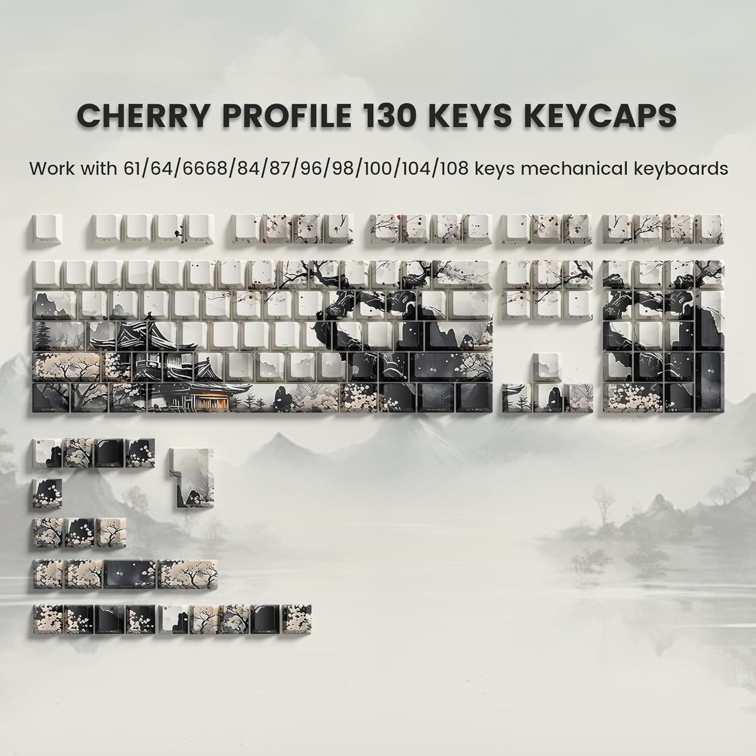 Womier PBT Keycaps Set 130 Keys, Custom White Japanese Keyboard Doubleshot Dye Sub Side Print Shine Through Keycaps 60 65 75 100 Percent, Cherry Profile (Ink Painting)