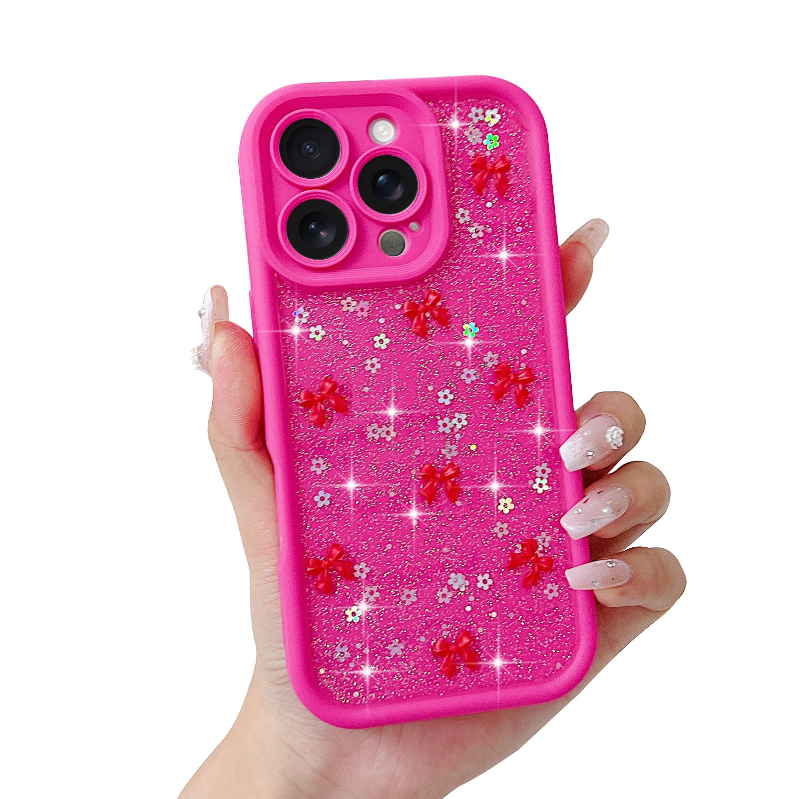 Micoden for iPhone 15 Pro Case, Cute for Women Girls Ribbon Bow Pattern Glitter Aesthetic Shockproof Protective Camera Protection Soft Durable TPU