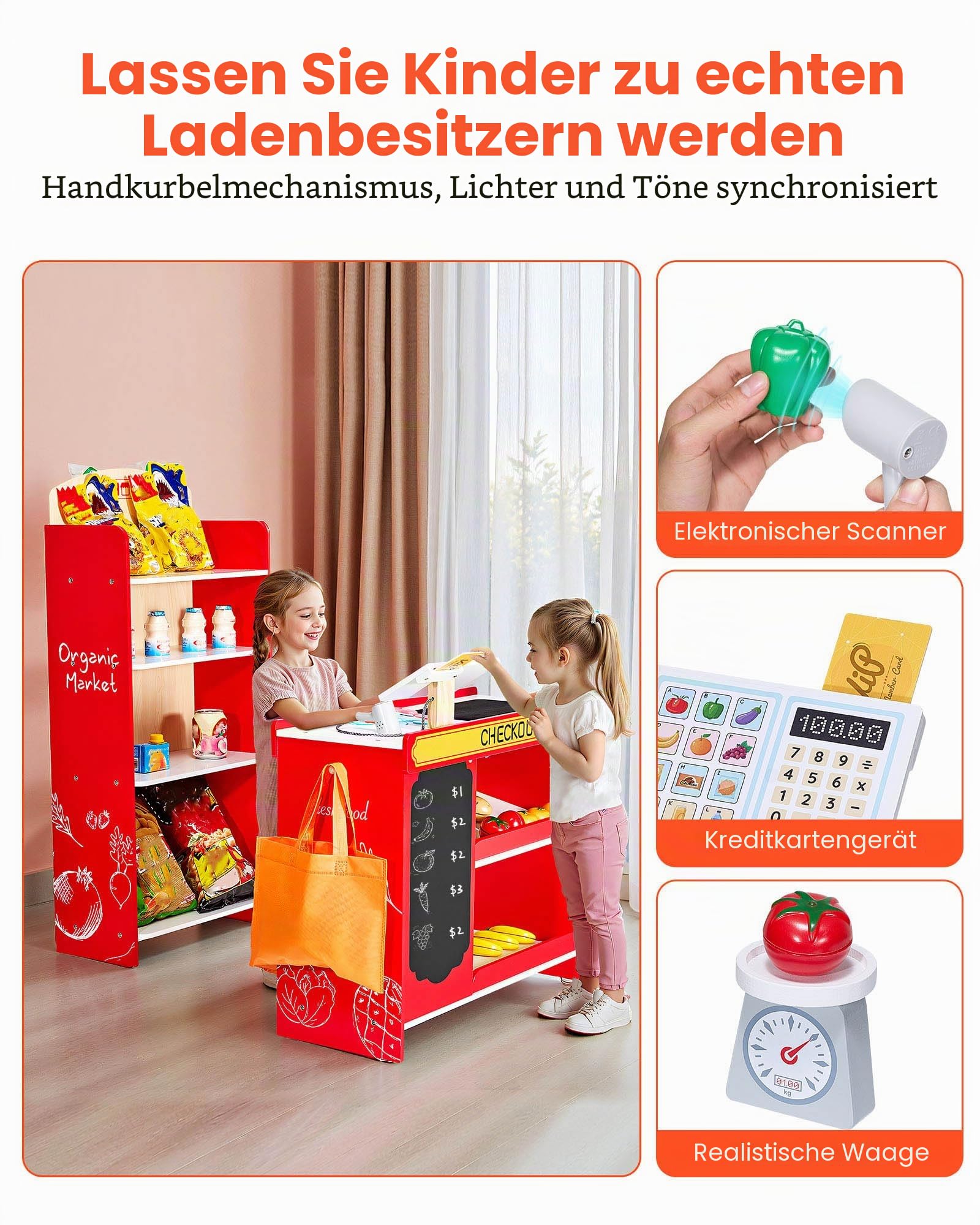 VEVOR Kinder-Lebensmittelladen-Spielset, Holz-Spielladen mit Einkaufstasche,Scanner, Registrierkasse, Obst und Gemüse
