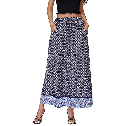 Saia maxi feminina Boho Vintage toda estampada em linha A com bolsos