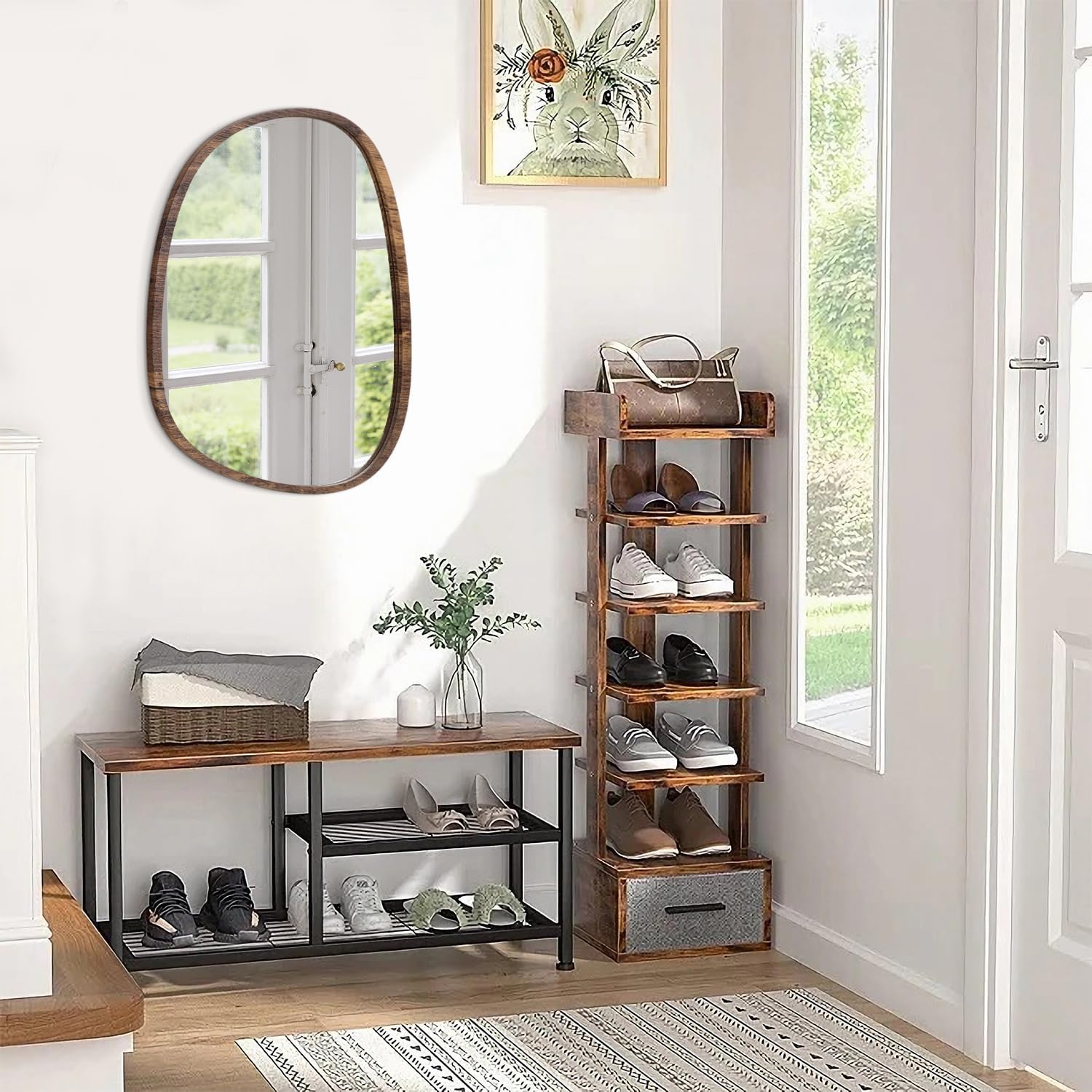 Irregular Wall Mirror Asymmetrical Wood Mirrors Small Framed Oval Wall Mirror Unique Shape Artistic Mirrors for Bedroom Bathroom Vanity Living Room Entryway Hallway Wall Decor