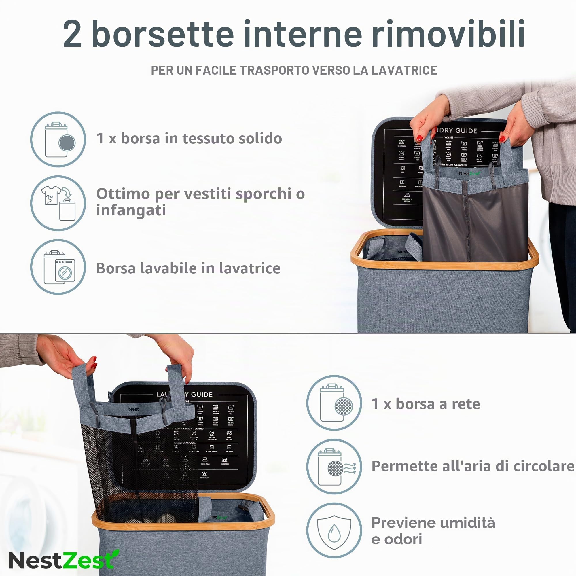 Nest Zest - Cesto portabiancheria doppio da 100L con coperchio, 2 scomparti per ordinare il bucato, cesto portabiancheria con guida per la cura e 2 sacchetti interni rimovibili, cesto per vestiti