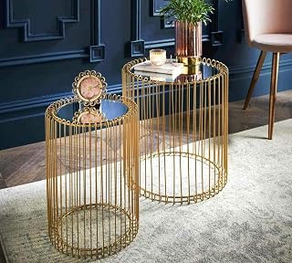 dylex Set of 2 Round Gold Cage Tables Glass Mirrored Top Metal Finish Base coffee table side Table