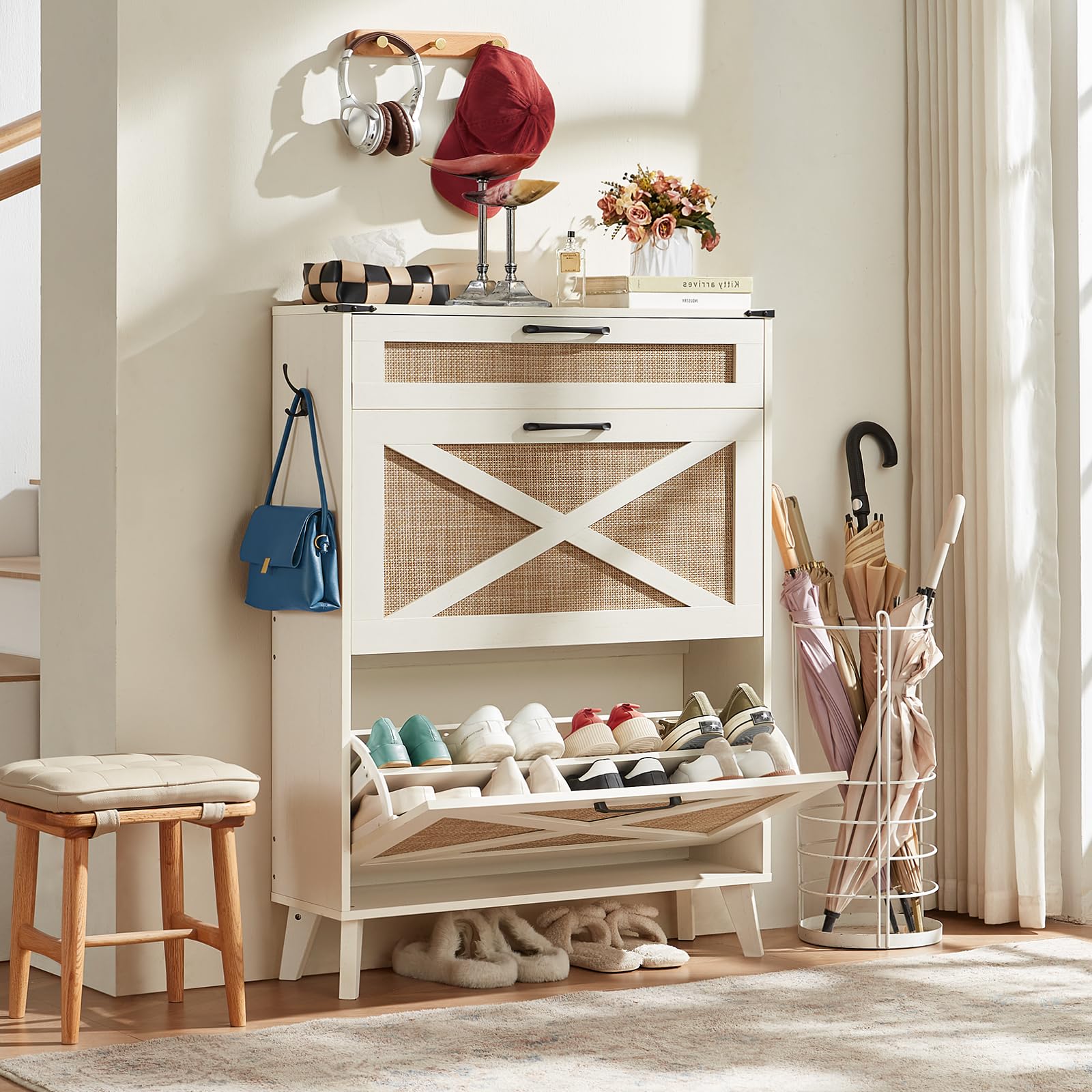 LELELINKY Shoe Storage Cabinet for Entryway with 2 Rattan Flip Drawers, Boho Narrow Cabinets for 16-20 Pairs Shoes with Large Drawers, Hidden Slim Shoe Rack with Wood Legs for Hallway,White