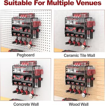 4 Level Tool Wall Mount Wall Mount Hammer Drill Tool Rack for 4 Power Tools Metal Tool Organiser with Side Screwdriver for Garage Workshop