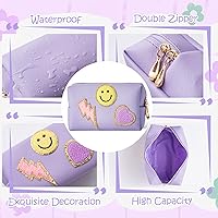 Vista 4 de LieToi Preppy Patch Bolsa de Aseo Pequeña Sonrisa Rayo Corazón Arcoíris Cuero PU Portátil Impermeable Bolsa de Maquillaje Cosmética Uso Diario Bolsa