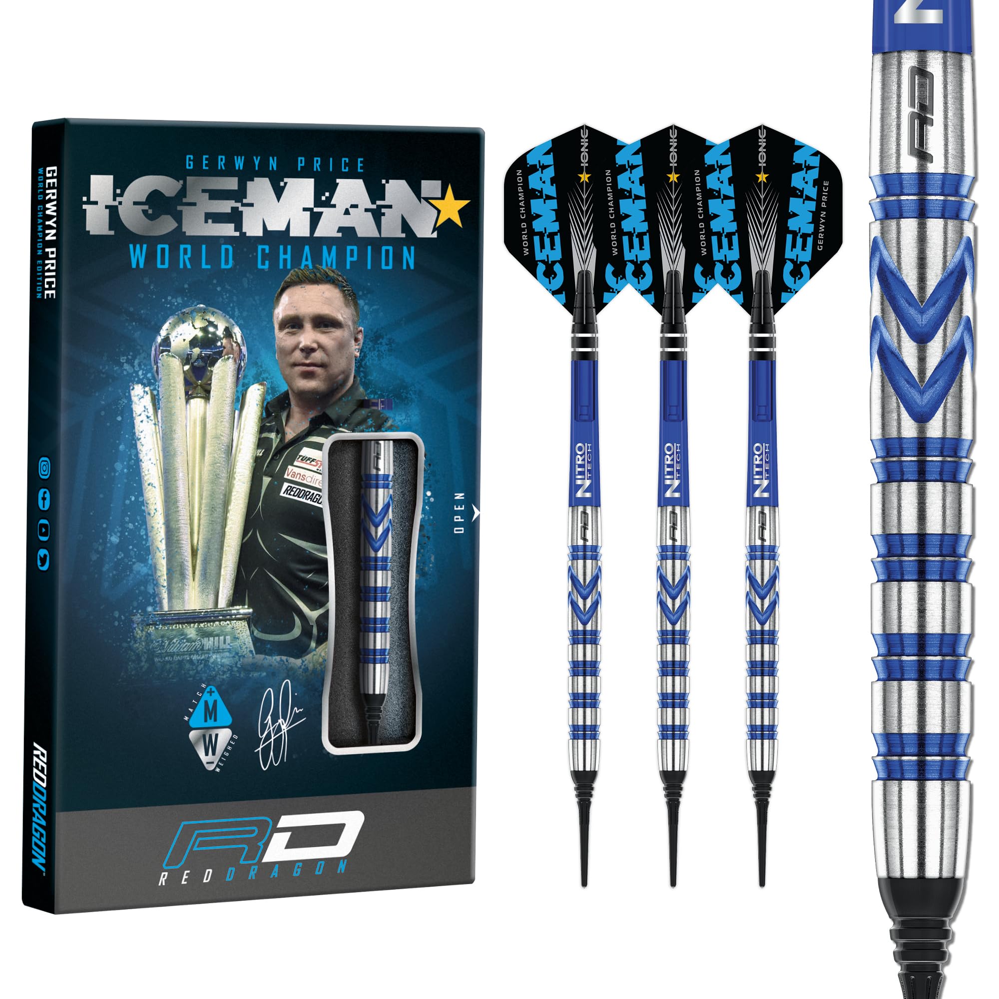 RED DRAGON Gerwyn Price Iceman Originals 20g Fassgewicht, 22g Gesamtgewicht Softip Tungsten Dartpfeile Set mit Flights und Schäfte