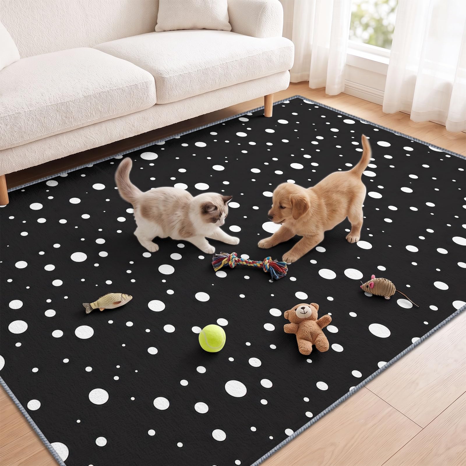 Générique Géométrie Pois Noirs Et Blancs Tapis Salon 160 x 230 cm, Lavable en Machine Antidérapant Tapis Moderne pour Chambre Descente de Lit Salle a Manger Bureau
