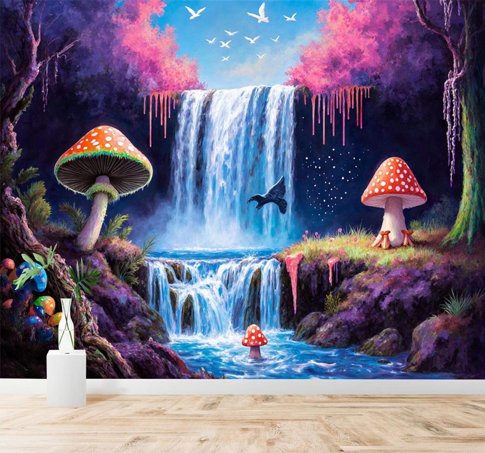 XLMING Fantasy Waterfalls Colourful Mushrooms Birds Pink Trees 3D Wallpaper Premium Textured Silk Study Dining Living Room Bedroom Sofa TV Wall Easy Install-350cm×256cm