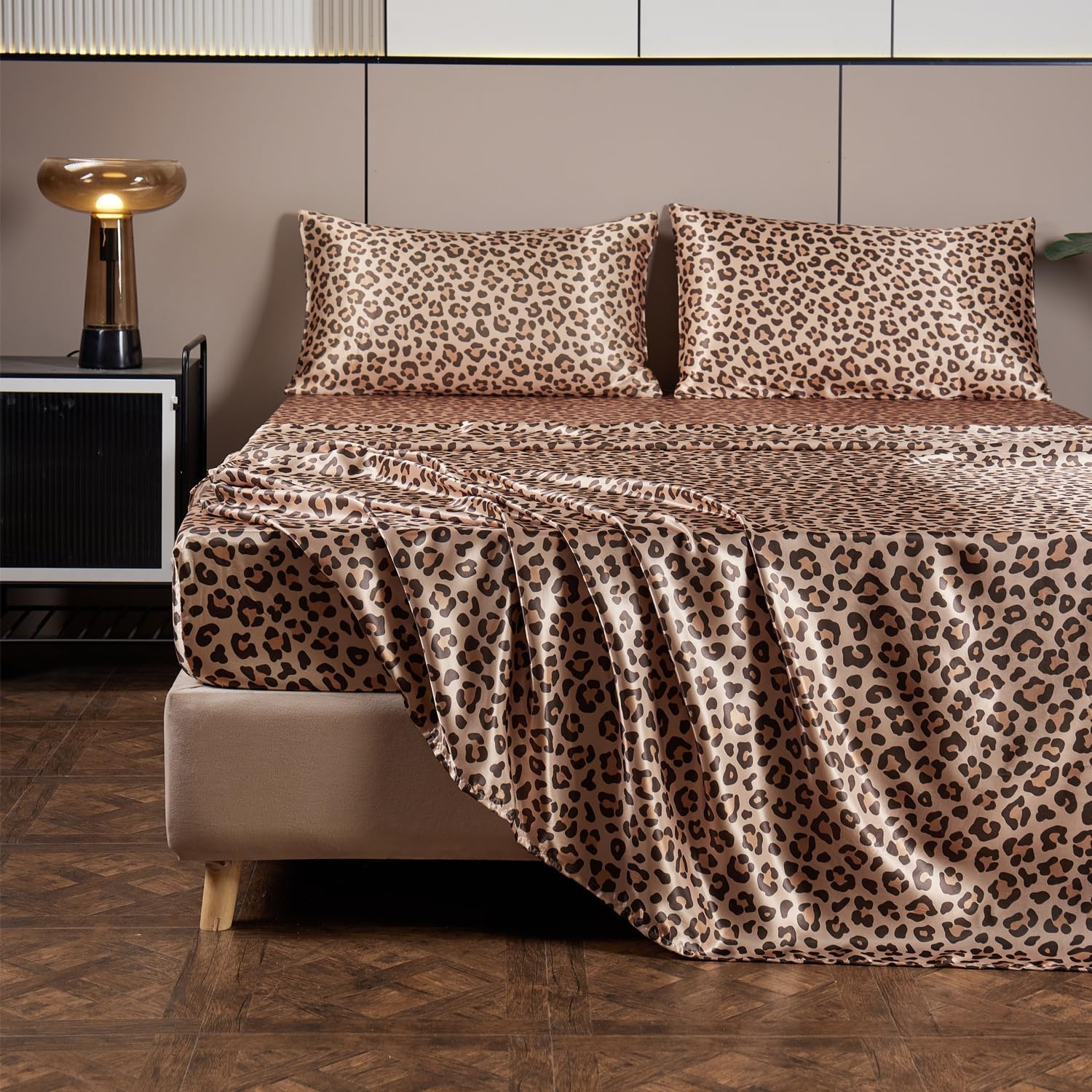 AiMay 4 Piece King Size Satin Bed Sheet Set Deep Pocket Golden Leopard Pattern Luxury Silky Super Soft 1 Flat Sheet 1 Fitted Sheet 2 Envelope Pillowcases Wrinkle Free (Golden Leopard, King)
