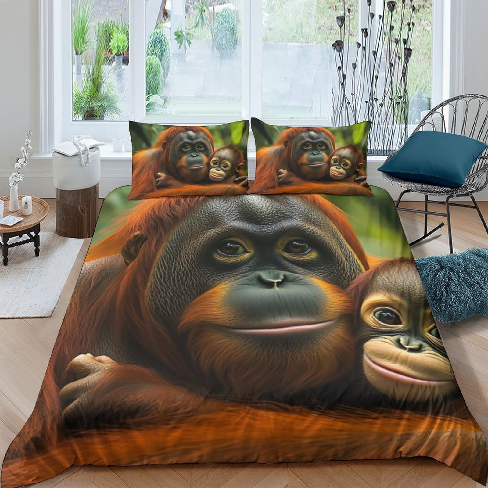 Ctjqhvkz Style-1 3D Printed Orangutan Family Fitted Sheet Microfiber Soft Animal Theme Mattress Cover For Bedroom Dorm Decor Single（135X200cm）
