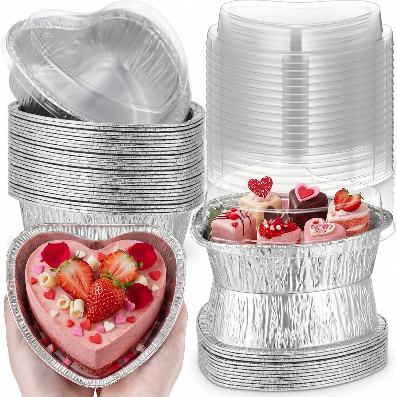 Hushee Valentinstag-Kuchenform, herzförmige Pfanne mit Deckel, 765 ml, große Lebensmittelbehälter, Aluminiumfolie, Herzform, Lebensmittelverpackung, Takeaway-Boxen für Valentinstag, 18 cm, 36 Stück