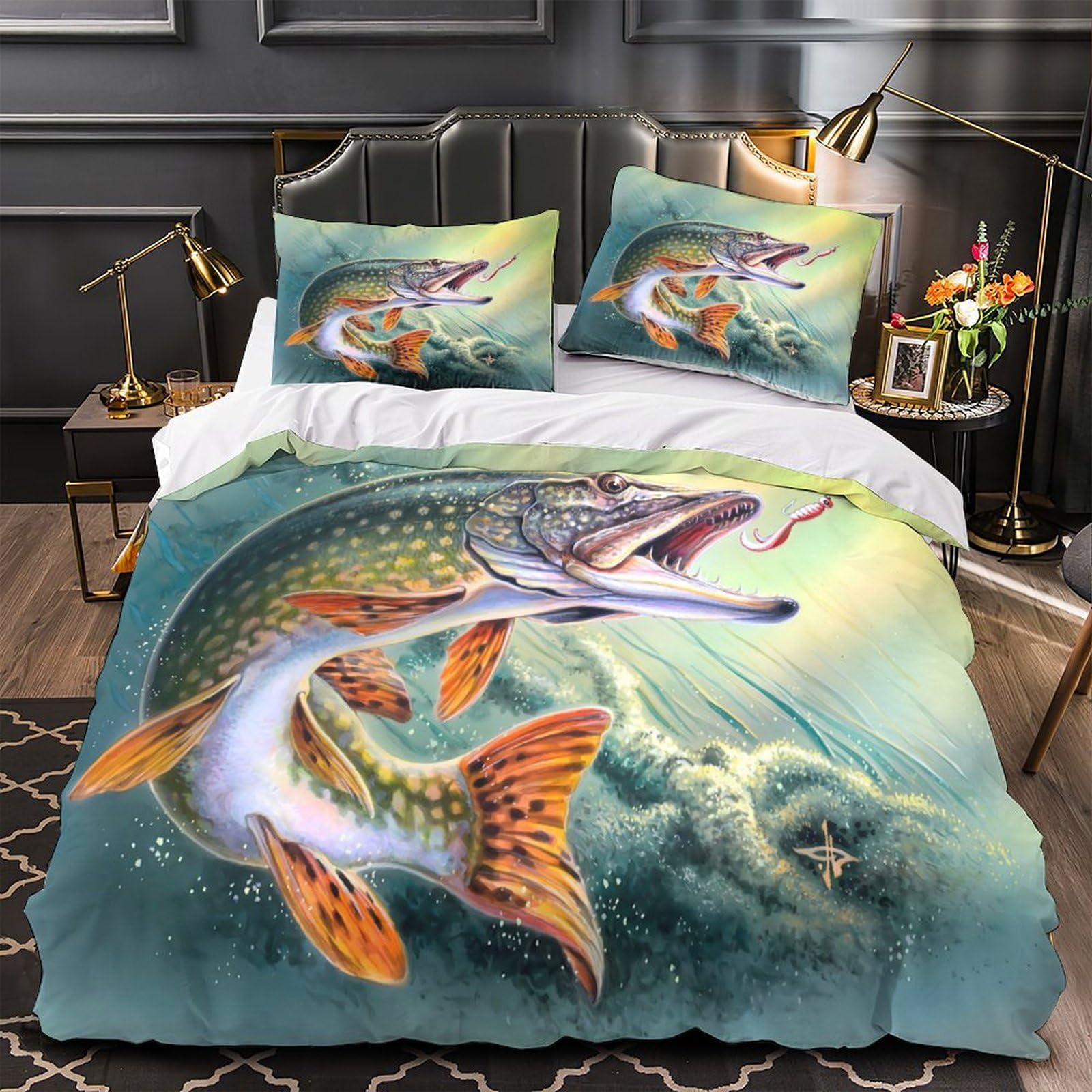 Parure de lit pêche au brochet pour chambre d'adulte ambiance nature sauvage