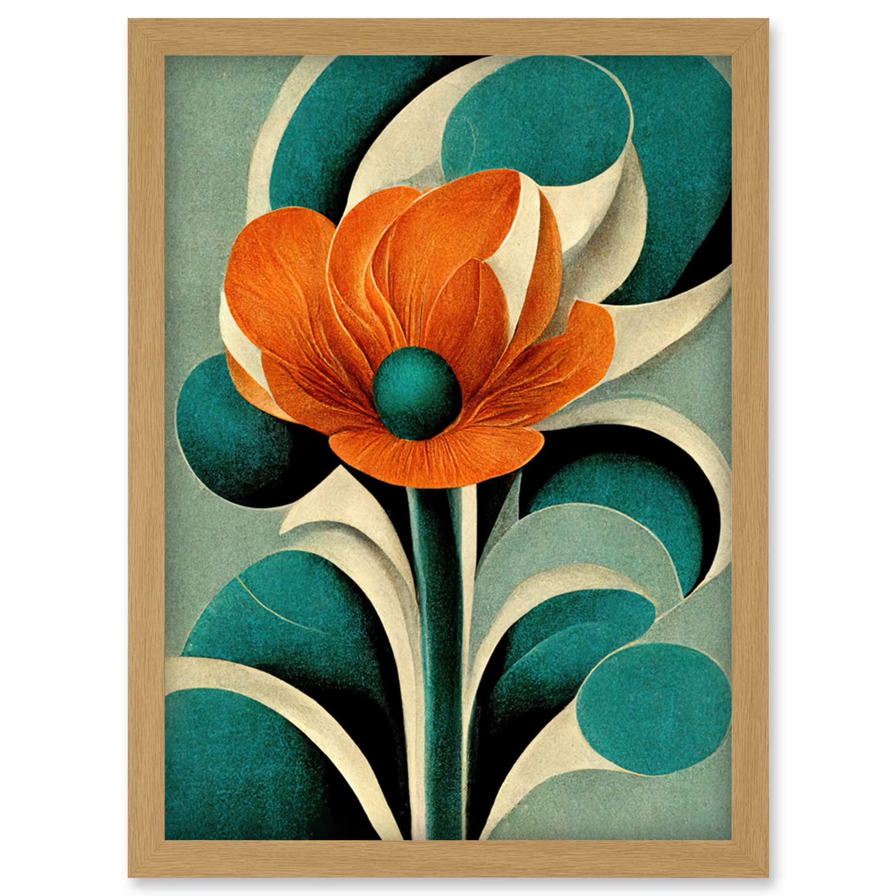 Doppelganger33 LTD Art Deco Poppy Flower Teal Orange Cream Artwork Framed Wall Art Print A4