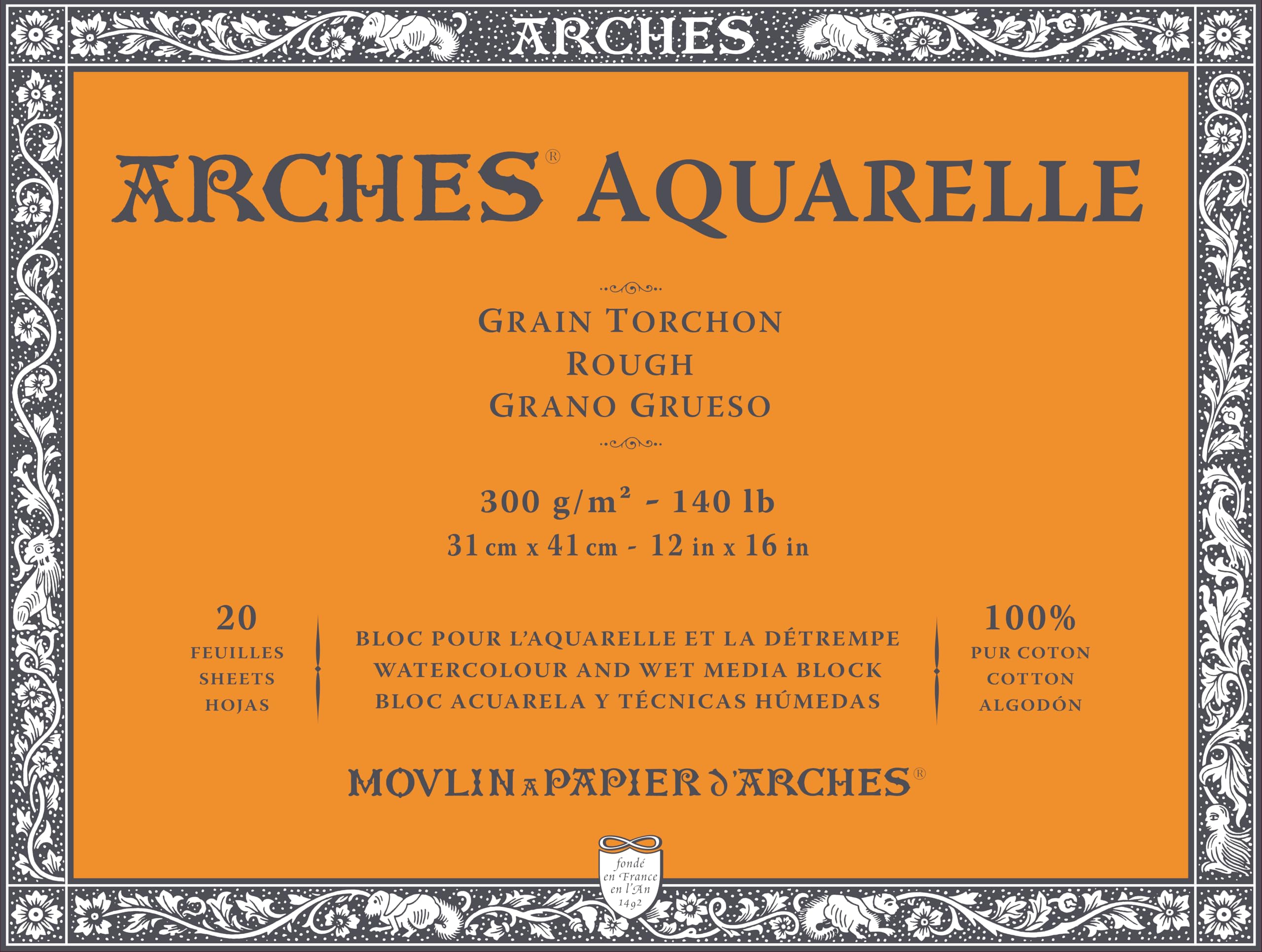 Arches Aquarelle 100% Grueso 300g Bloc Encolado 4L 31x41 20 hojas Blanco Natural