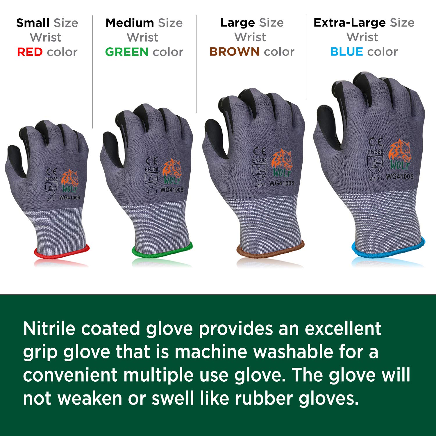 WOLF - Guante de trabajo ultrafino de espuma de nitrilo con revestimiento de palma de nailon, para construcción, jardinería, mecánica, almacén, multiusos, color negro (12, S)