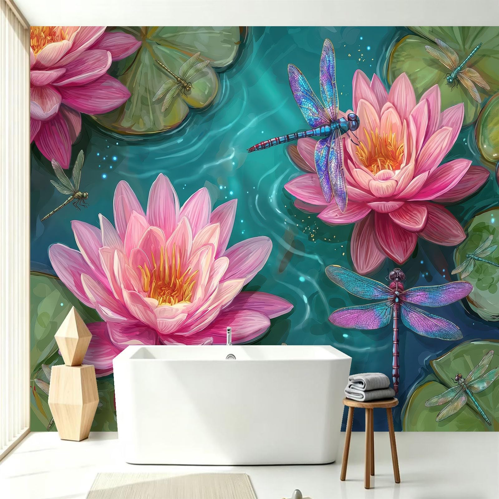 Akwarelowa fototapeta z kwiatami – 400 x 280 cm (szer. x wys.) fototapeta – staw lilie wodne liście lotosu dekoracyjna tapeta do salonu, sypialni, biura i kuchni