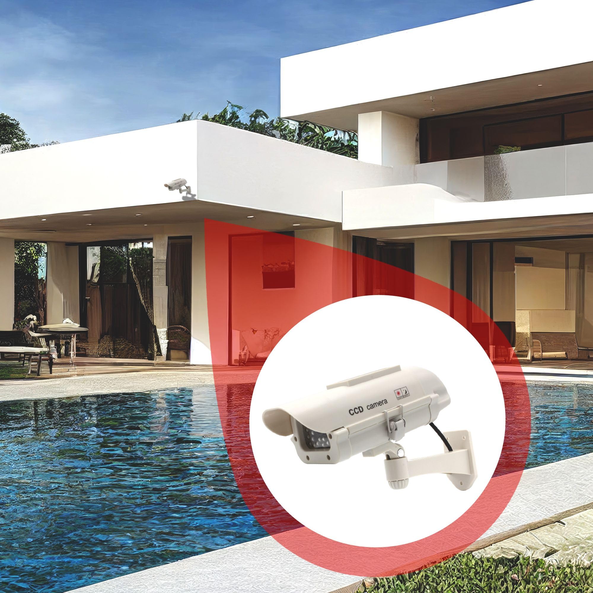 Fishtec ® Camera Factice Extérieur - Fausse Caméra de Vidéosurveillance avec LED Clignotante - Panneau Solaire - Usage Extérieur/Intérieur - Blanc