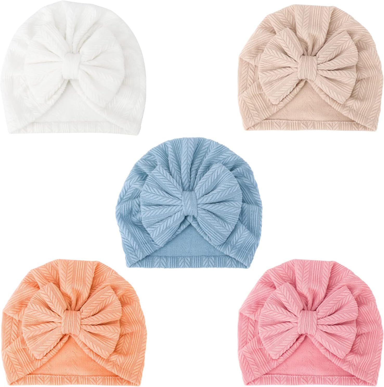 DRESHOW BQUBO 5 Pieces Newborn Baby Turban Hats Bow Baby Infant Beanie Breathable Toddler Cap for Baby Girls