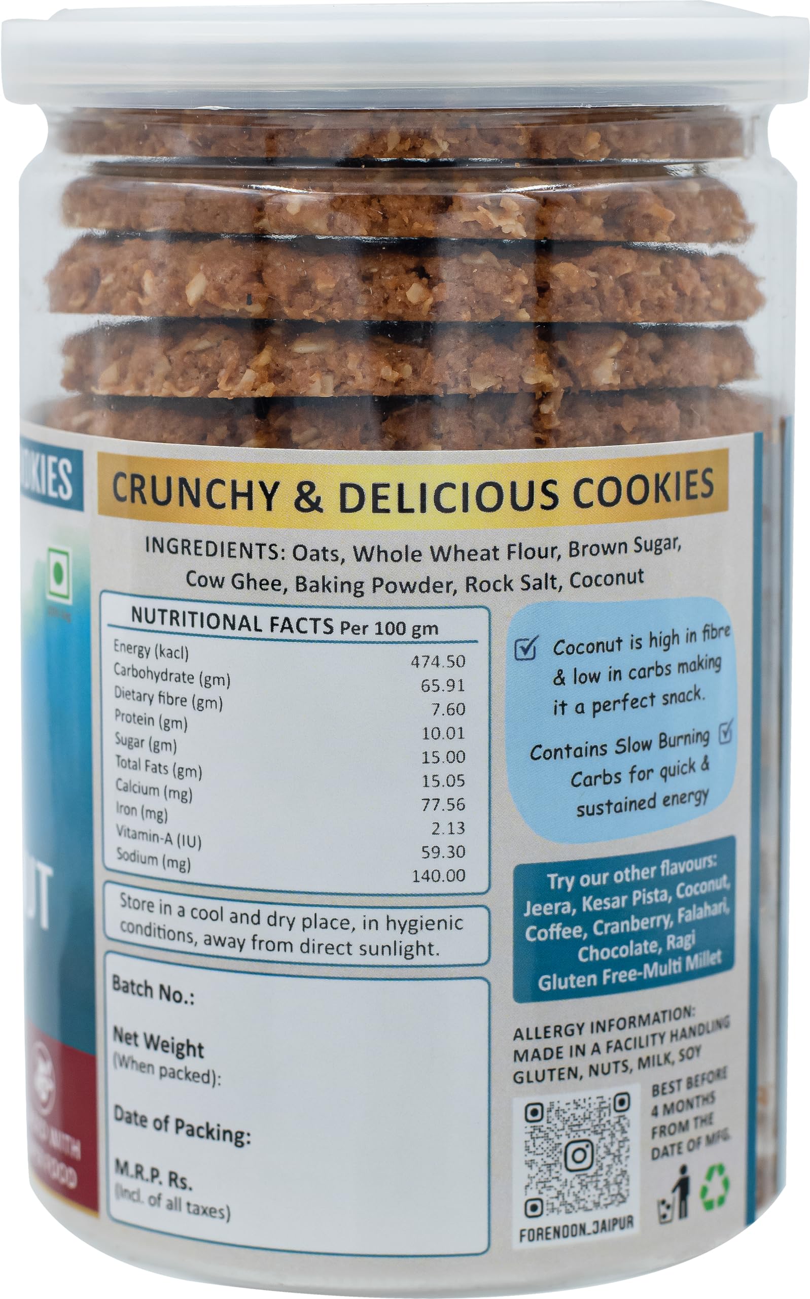Fore Noon Coconut Oats Cookies with Real Coconut Flakes | Healthy High Fiber Biscuits | No Maida, No Refined Sugar, No Palm Oil | Made with Oats, Whole Wheat Flour & Cow Ghee | Crunchy, Fresh & Hygienic Tea Time Snack | | 100% Natural Ingredients | 100% Vegetarian | Pack of 1, (178 grams) 1