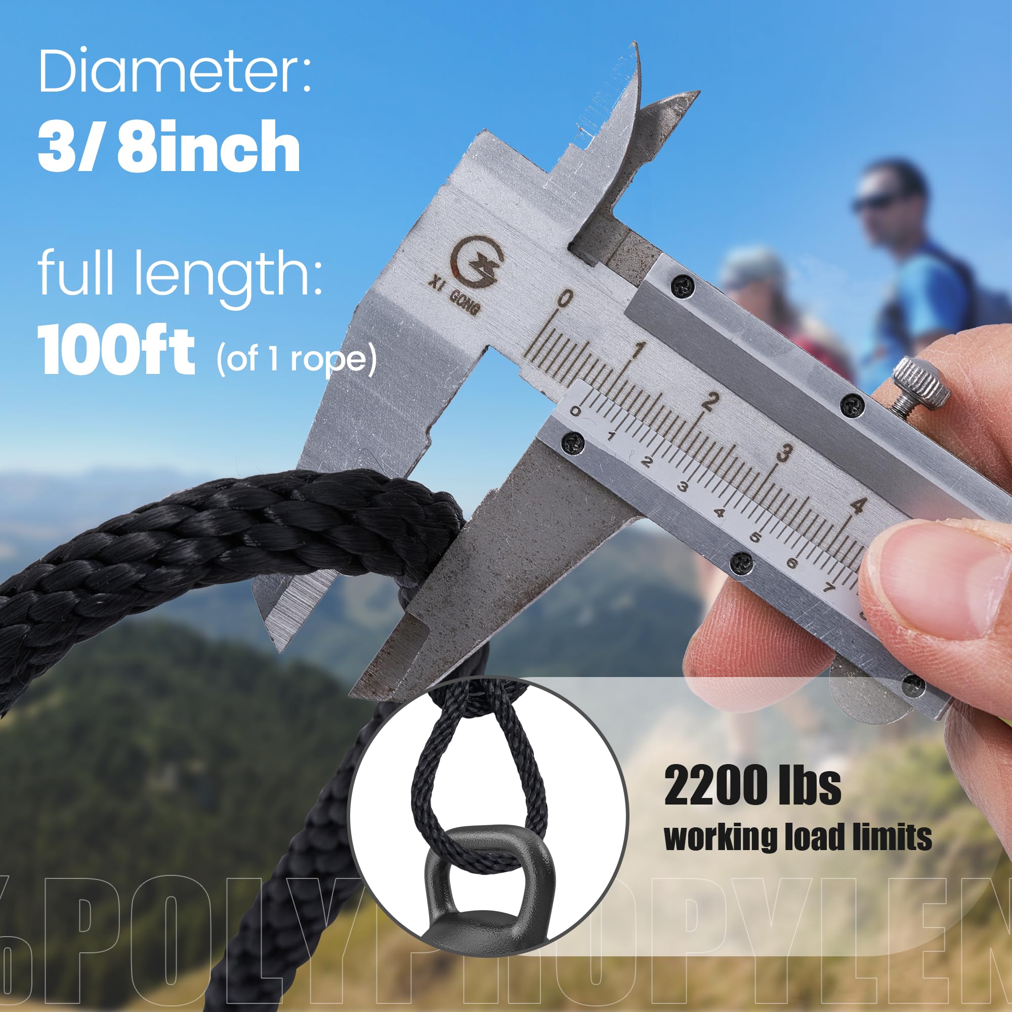 Paquete de 2 cuerdas de polipropileno trenzado sólido de 3/8 pulgadas y 100 pies, cuerda de nailon, cuerda marina multiusos para barco y cuerda gruesa para camping y mástil, uso en interiores y
