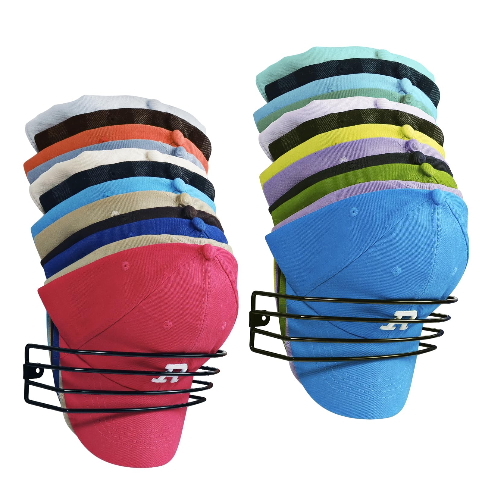 MITTISOUND 2 Pack Hat Rack for Wall and Door, Metal Hat Organizers for Baseball Caps Storage Hold Up to 30 Caps Hangers Strong Ball Cap Holder Black