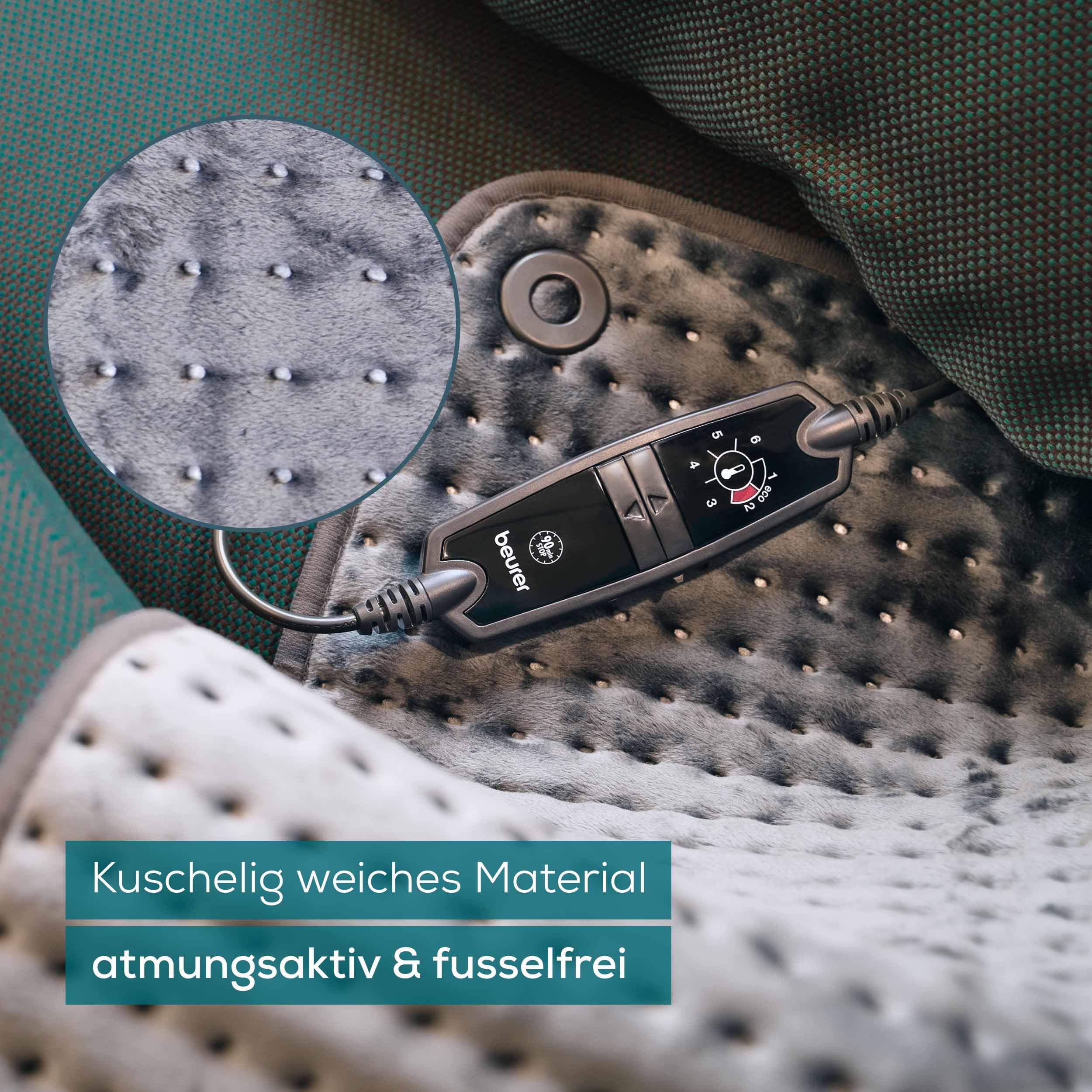 Beurer HK 123 Heizkissen, Made in Europe, Ober- und Unterseite aus 100% recyceltem Material, kuschelig weich, 60 x 30 cm, 6 Temperaturstufen und Abschaltautomatik, maschinenwaschbar, grau