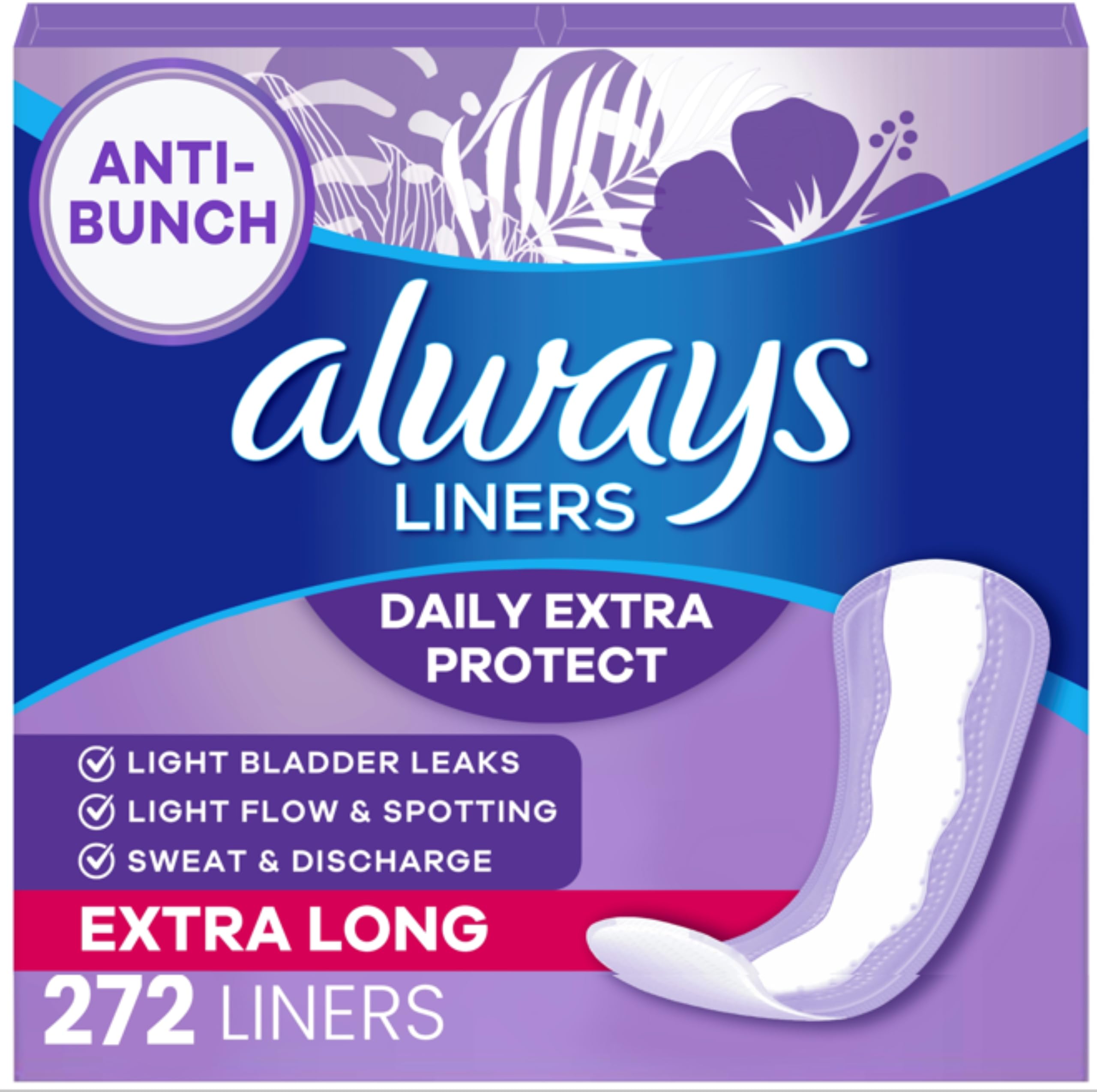 Always Daily Extra Protect Liners, Extra Long Length, Unscented Panty Liners, 272 (4 Packs of 68)