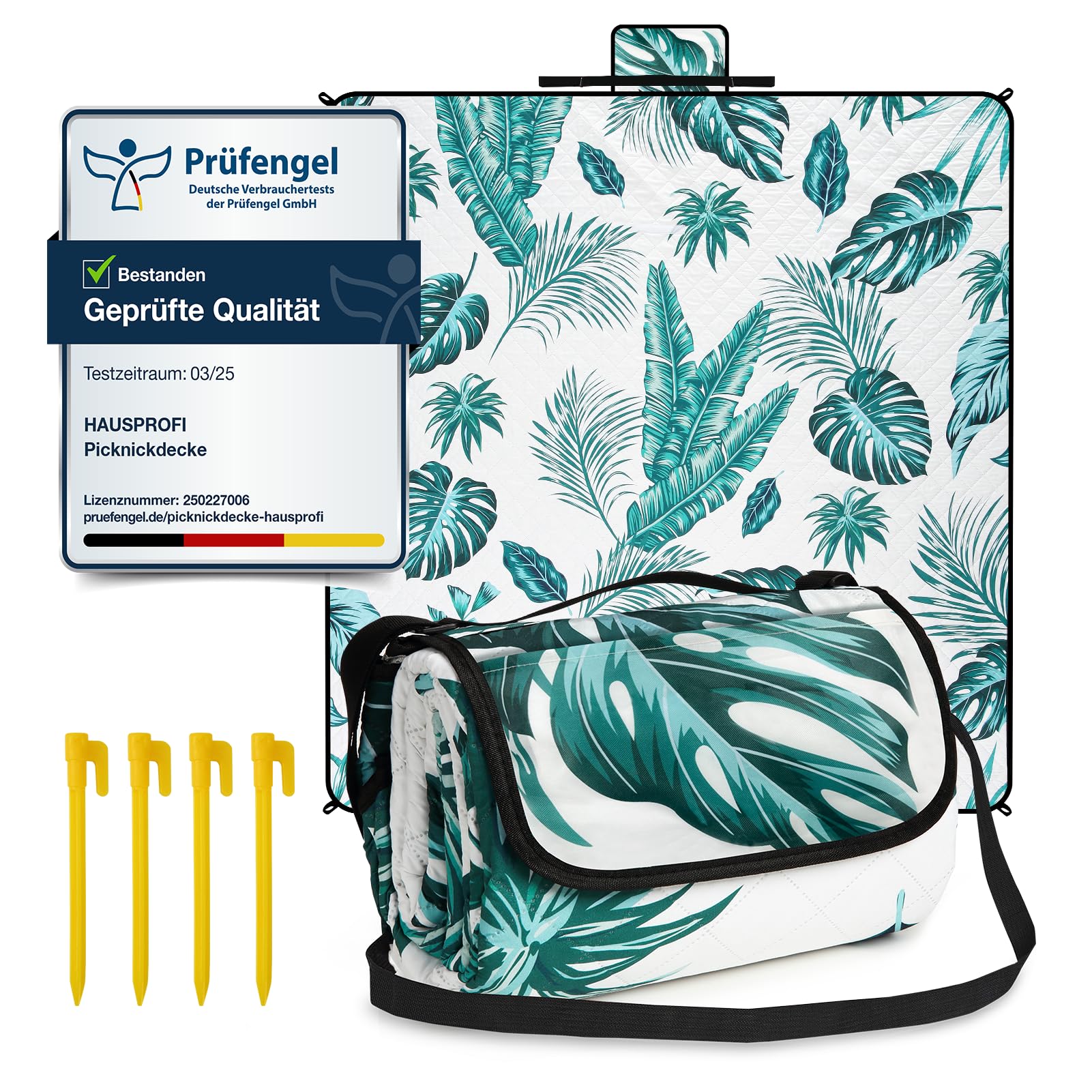 HAUSPROFI Picknickdecke 200x200 cm, wasserdicht & isoliert - Outdoor Decke für Picknick, Strand, Camping, mit Baumwolle gepolstert, inkl. Tragegriff & Heringe, Tragbar, Waschbar & formstabil