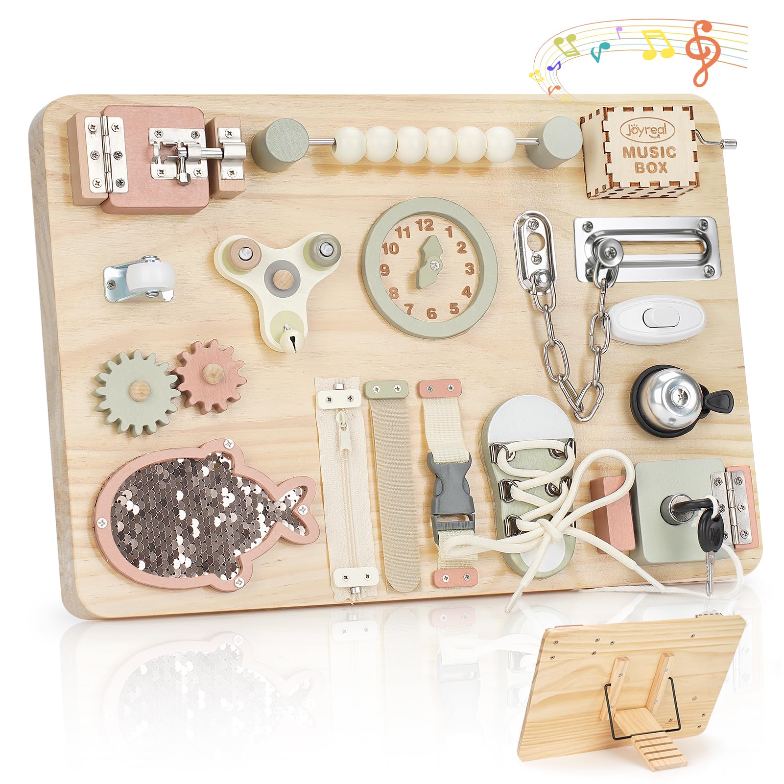 Joyreal Grande Busy Board - Pannello Sensoriale Bambini Montessori Legno Tavola Sensoriale Giochi Montessori con Carillon Specchio Neonati Giochi Educativi Regalo