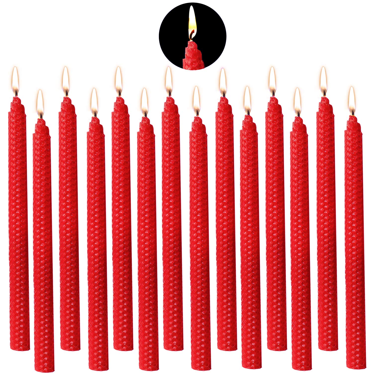 YIHANG UnBeelievable 100% Pure Beeswax Handmade Taper Candles (red) - 8 Inch Smokeless Dripless Pair - Natural Subtle Honey Smell - Elegant Honeycomb Design-14pack