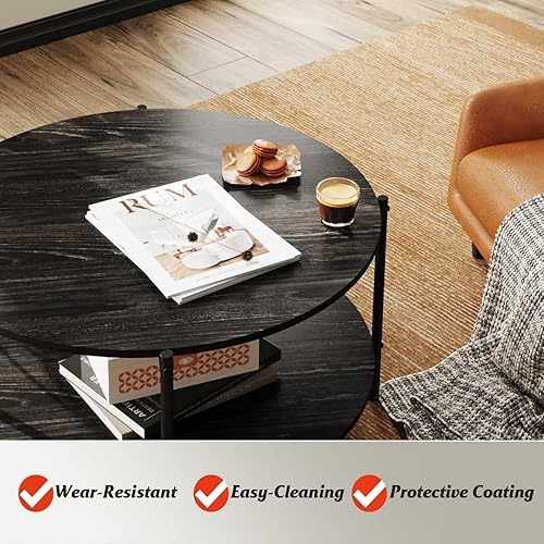 Miniatura 5 de WLIVE Mesa auxiliar redonda para sala de estar, mesa de centro pequeña de 32.6 pulgadas con estante de almacenamiento abierto, mesa central de Negro