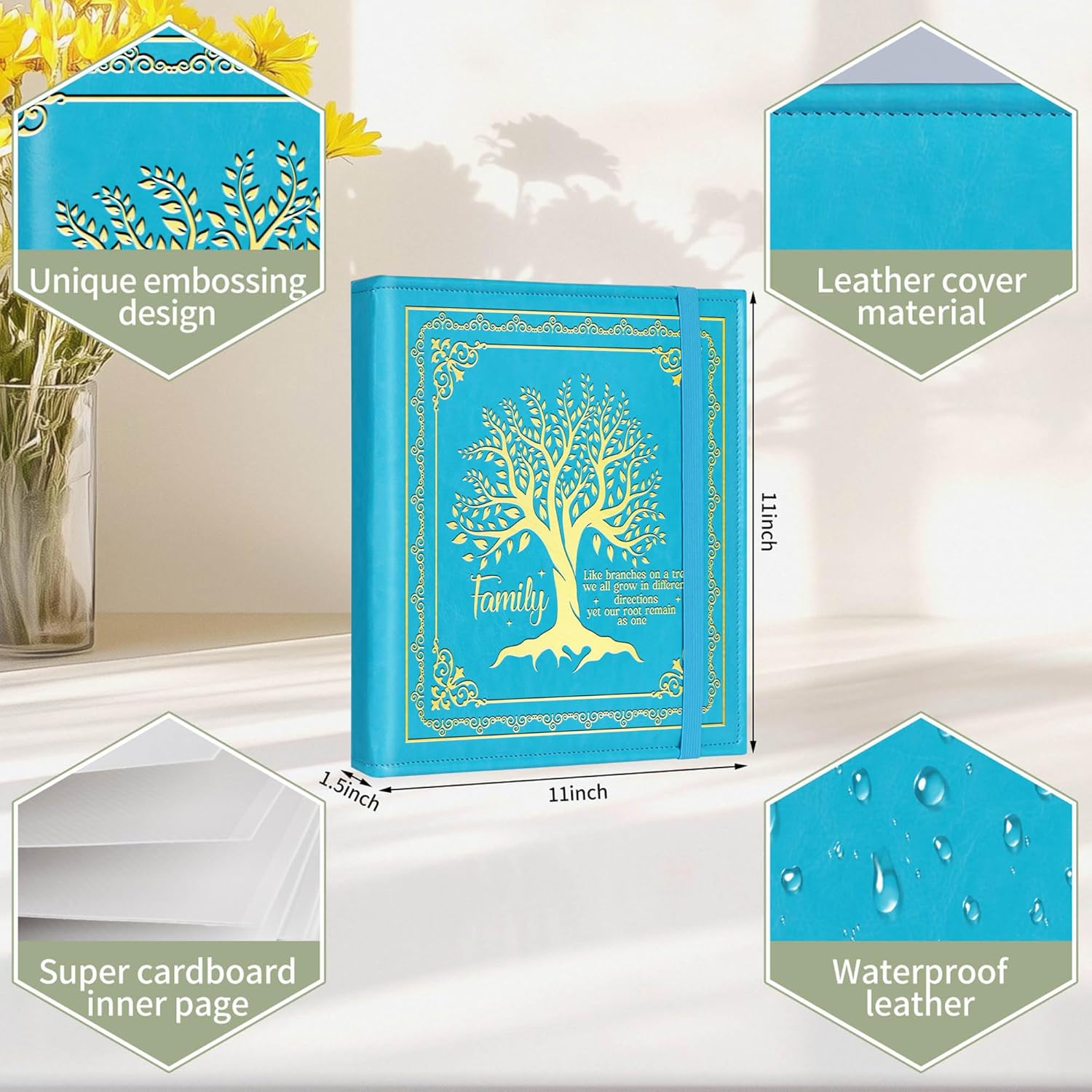 Family Tree Magnetic Self-Stick Page Photo Album for 3x5 4x6 5x7 6x8 Pictures DIY Family Leather Cover Album for Family Member (Album Tree-Light Blue)