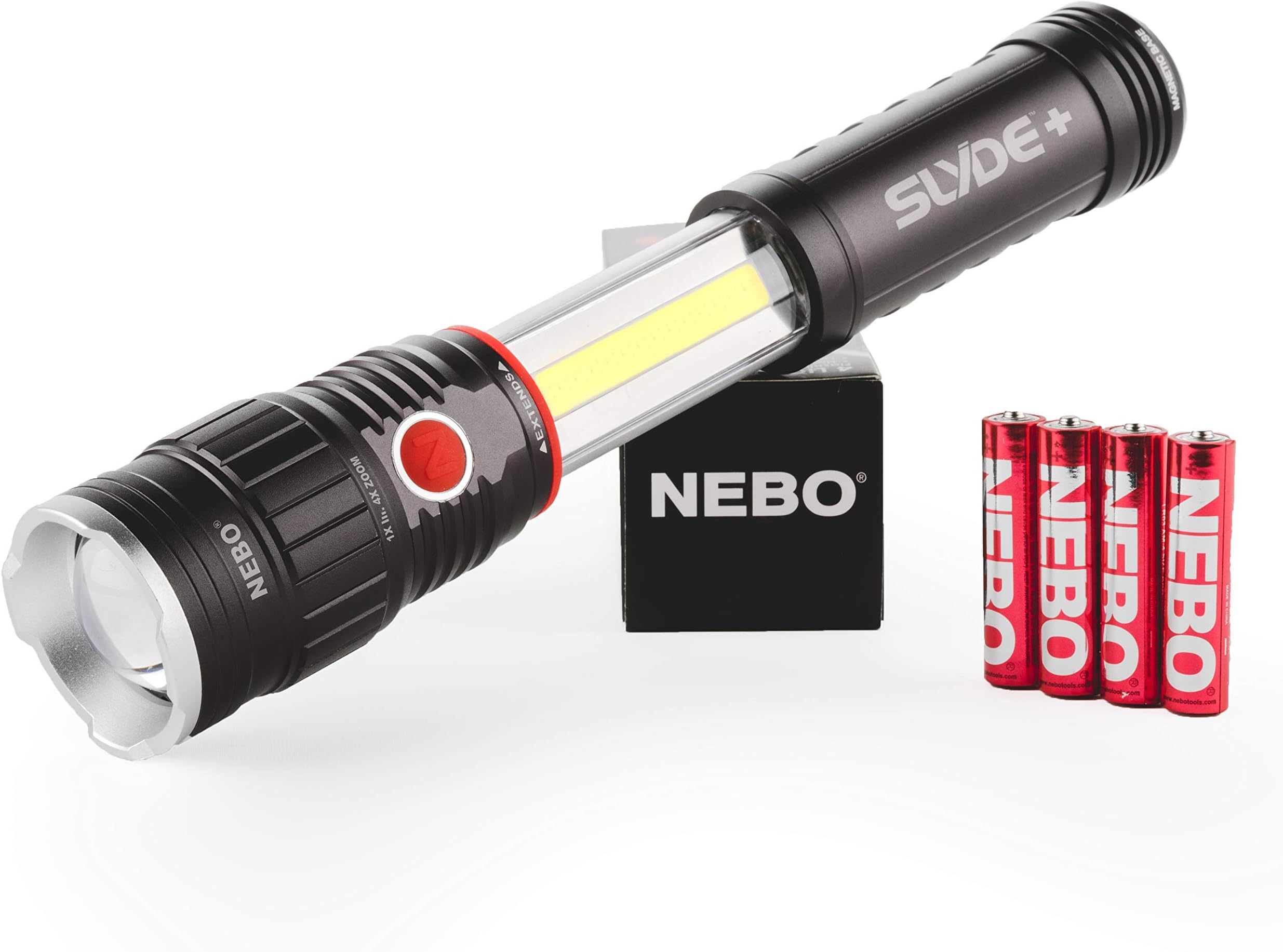 NEBO SLYDE+ 300 Lumen LED Flashlight & Red COB Work Light, 4x Zoom & Strong Magnetic Base, EDC & Camping Flashlight, LED Emergency Light