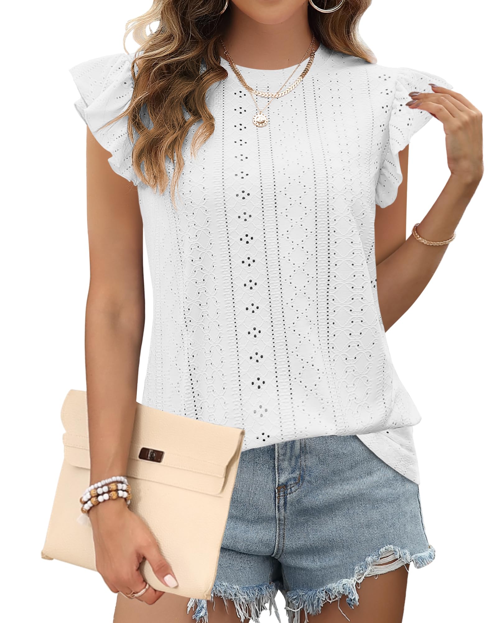 WNEEDU 2024 Summer Tank Top for Women Eyelet Ruffle Sleeve Crewneck Hollow Sleeveless Camisoles Pleated Casual T-Shirt