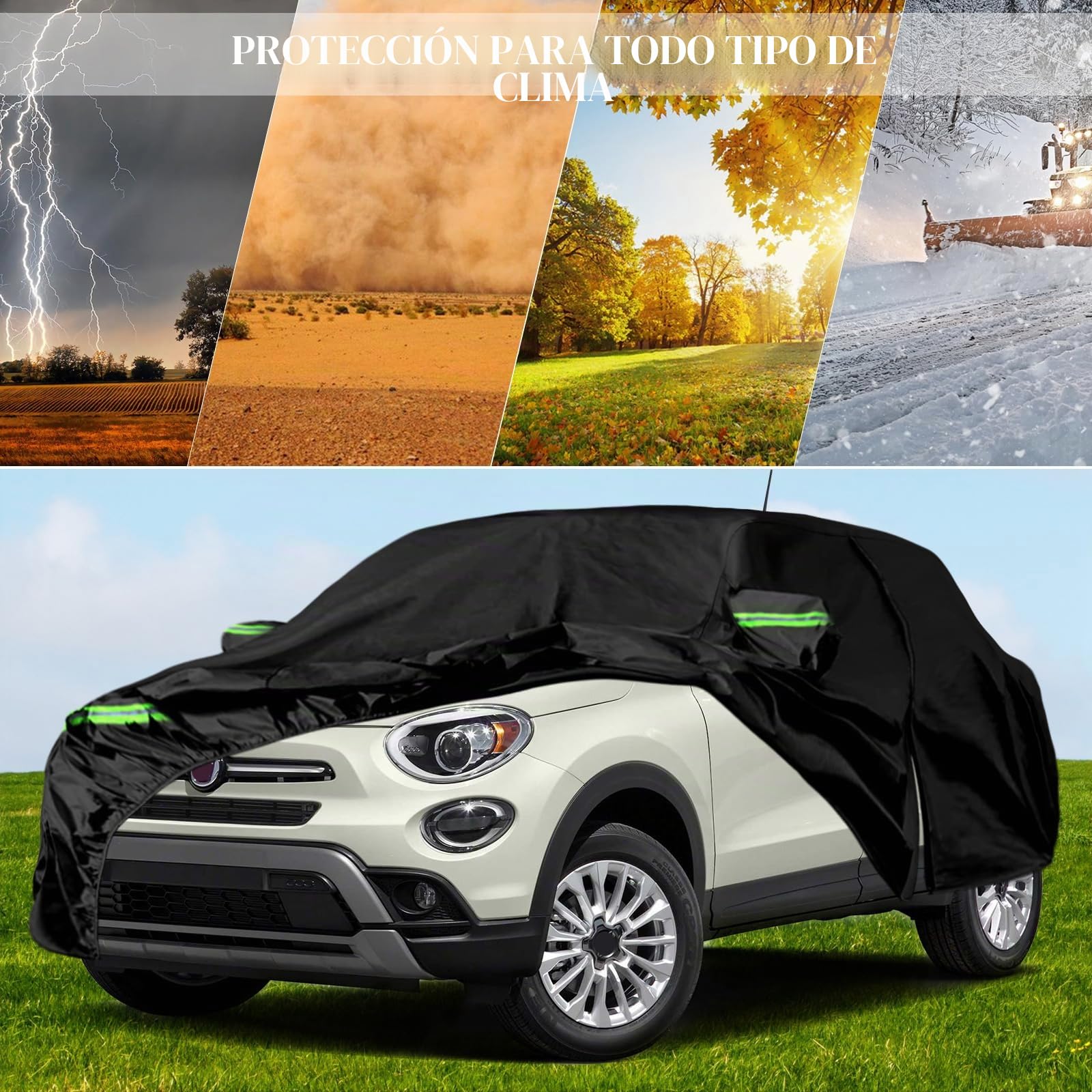 Funda Coche Reemplazo para 2015-2024 Fiat 500X/Cross/Urban Look/Sport, Funda para Coche Exterior Cubre Coches Impermeable Transpirabl Coberturas Completas protección de Nieve, Lluvia, Polvo | Funda para coche con puerta con cremallera para el sol, lluvia,